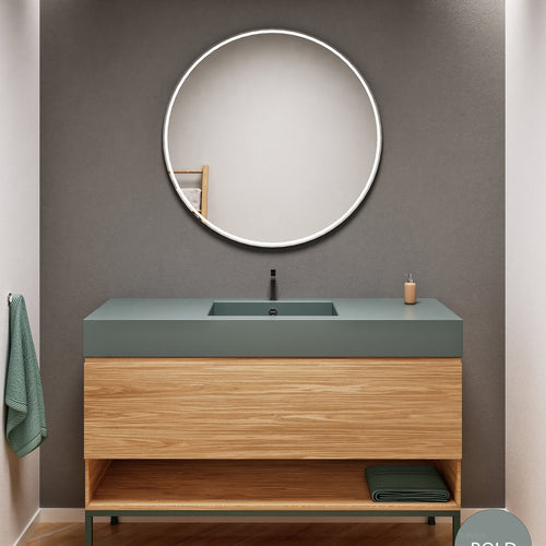 Aurora Single Set with Supporting Legs – Corian Basin & Countertop with 1 Drawer Vanity & Bottom Shelf - ROVALUX