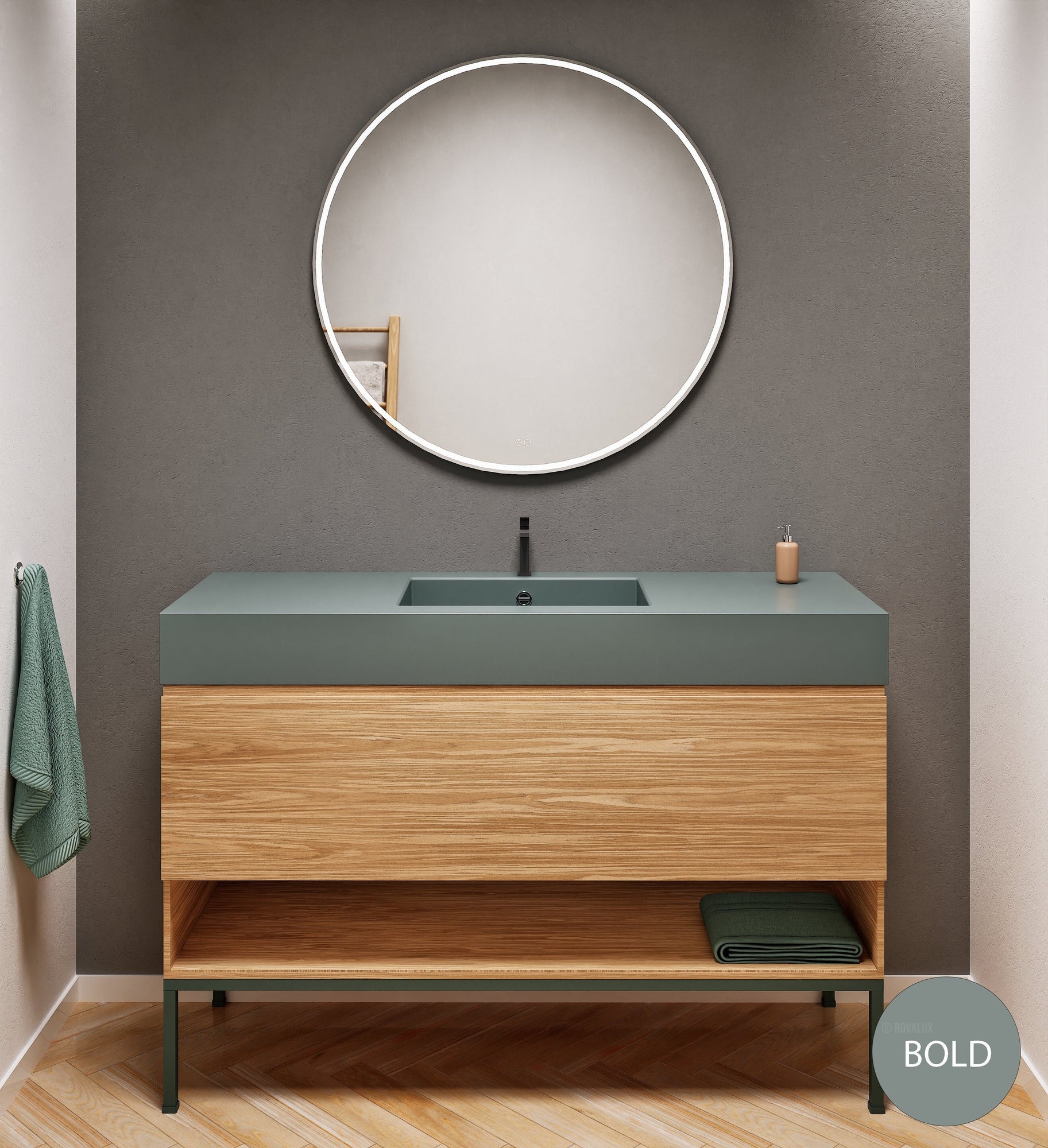 Aurora Single Set with Supporting Legs – Corian Basin & Countertop with 1 Drawer Vanity & Bottom Shelf - ROVALUX