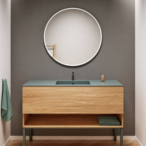 Aurora Single Set with Supporting Legs – Corian Basin & Countertop with 1 Drawer Vanity & Bottom Shelf - ROVALUX