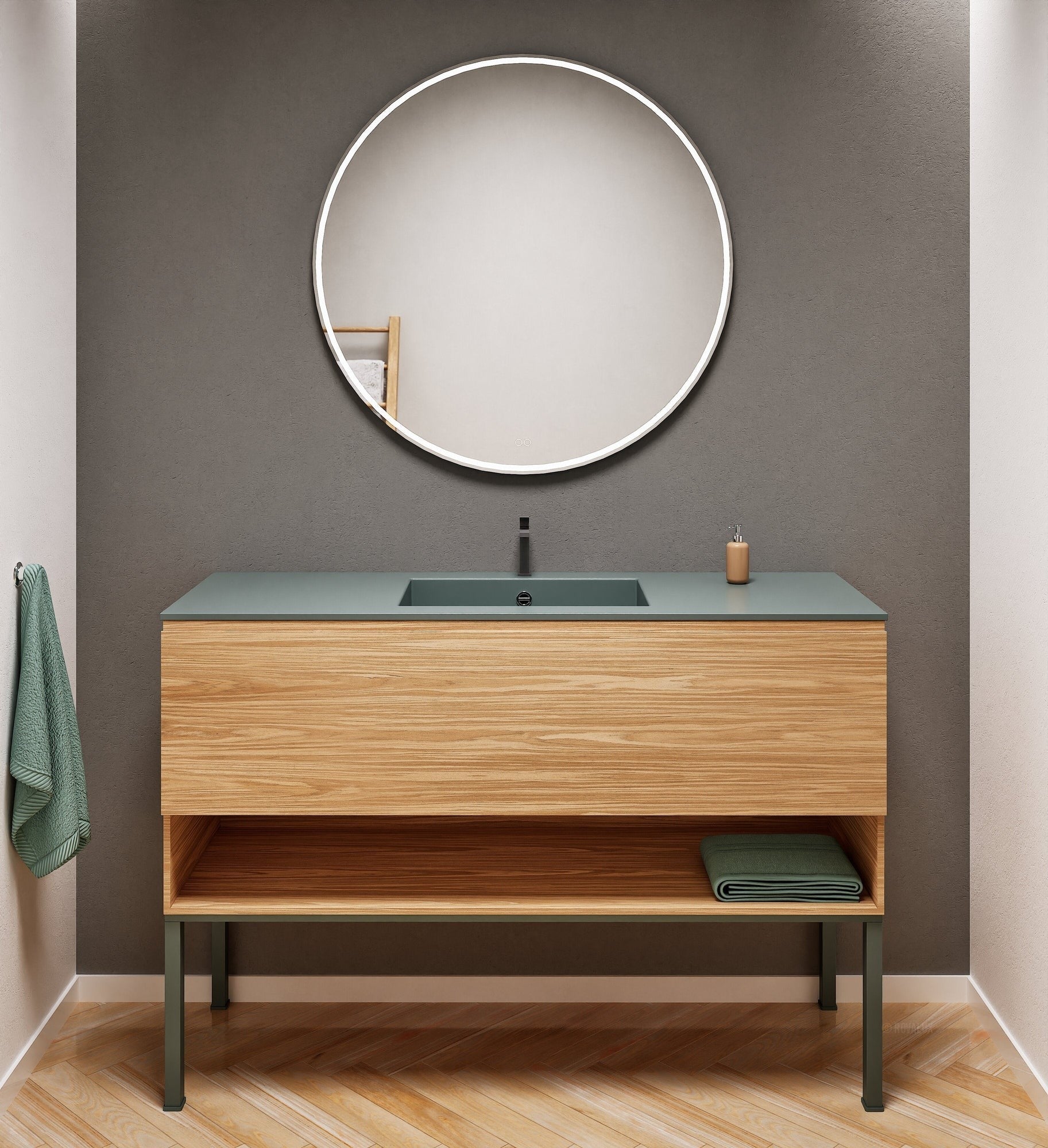 Aurora Single Set with Supporting Legs – Corian Basin & Countertop with 1 Drawer Vanity & Bottom Shelf - ROVALUX