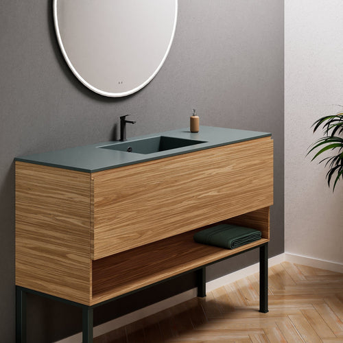 Aurora Single Set with Supporting Legs – Corian Basin & Countertop with 1 Drawer Vanity & Bottom Shelf - ROVALUX