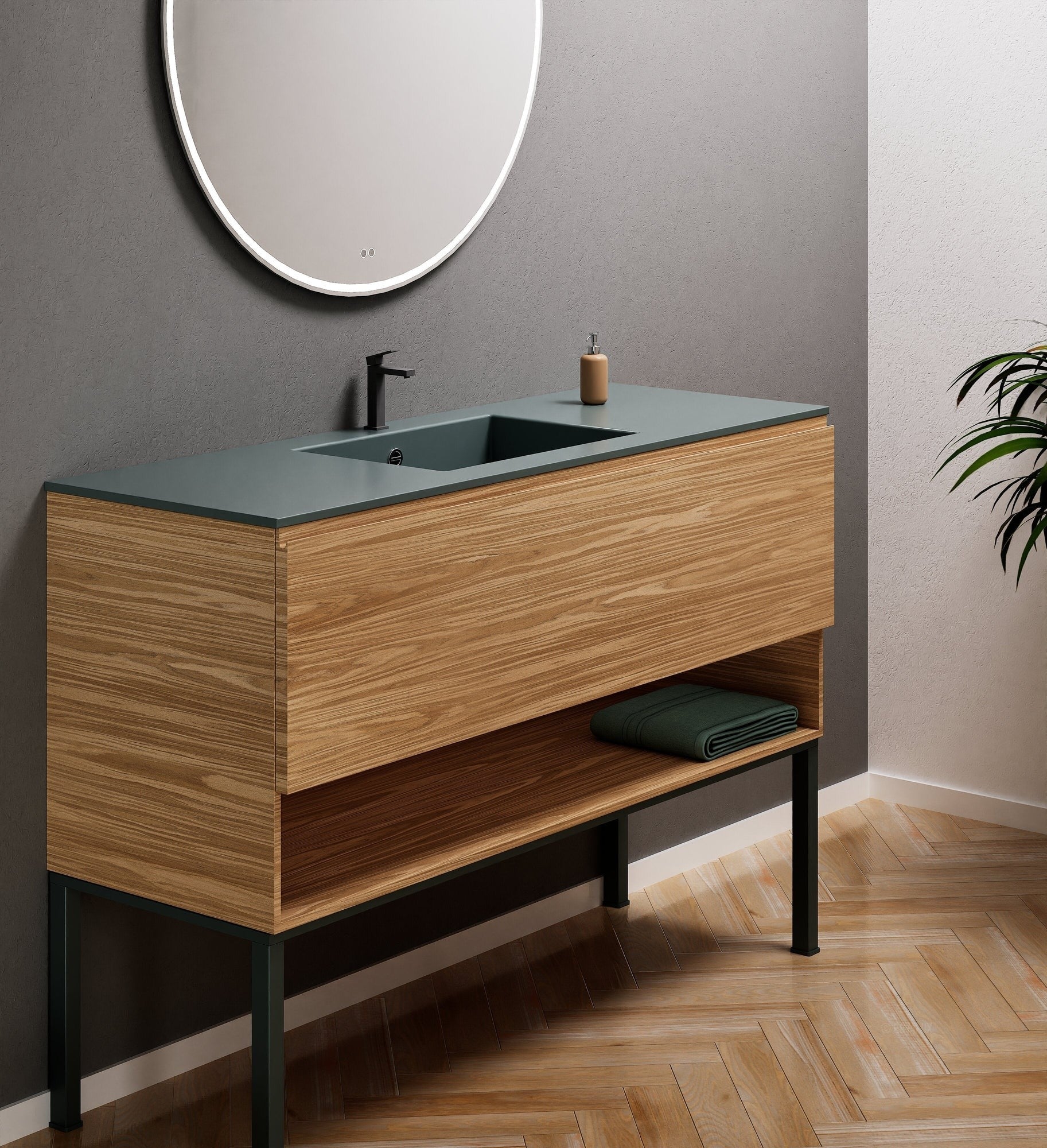 Aurora Single Set with Supporting Legs – Corian Basin & Countertop with 1 Drawer Vanity & Bottom Shelf - ROVALUX