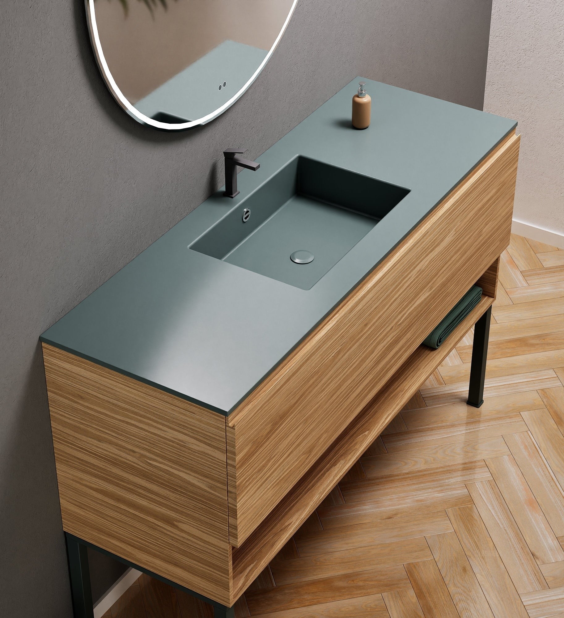 Aurora Single Set with Supporting Legs – Corian Basin & Countertop with 1 Drawer Vanity & Bottom Shelf - ROVALUX