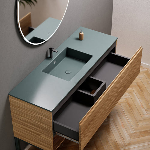 Aurora Single Set with Supporting Legs – Corian Basin & Countertop with 1 Drawer Vanity & Bottom Shelf - ROVALUX
