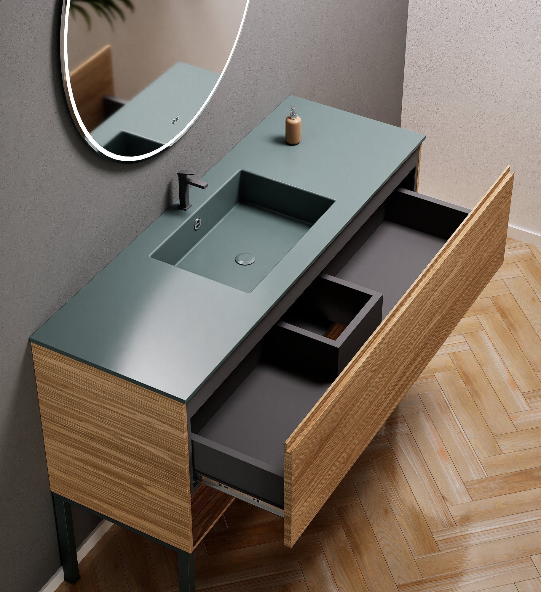 Aurora Single Set with Supporting Legs – Corian Basin & Countertop with 1 Drawer Vanity & Bottom Shelf - ROVALUX