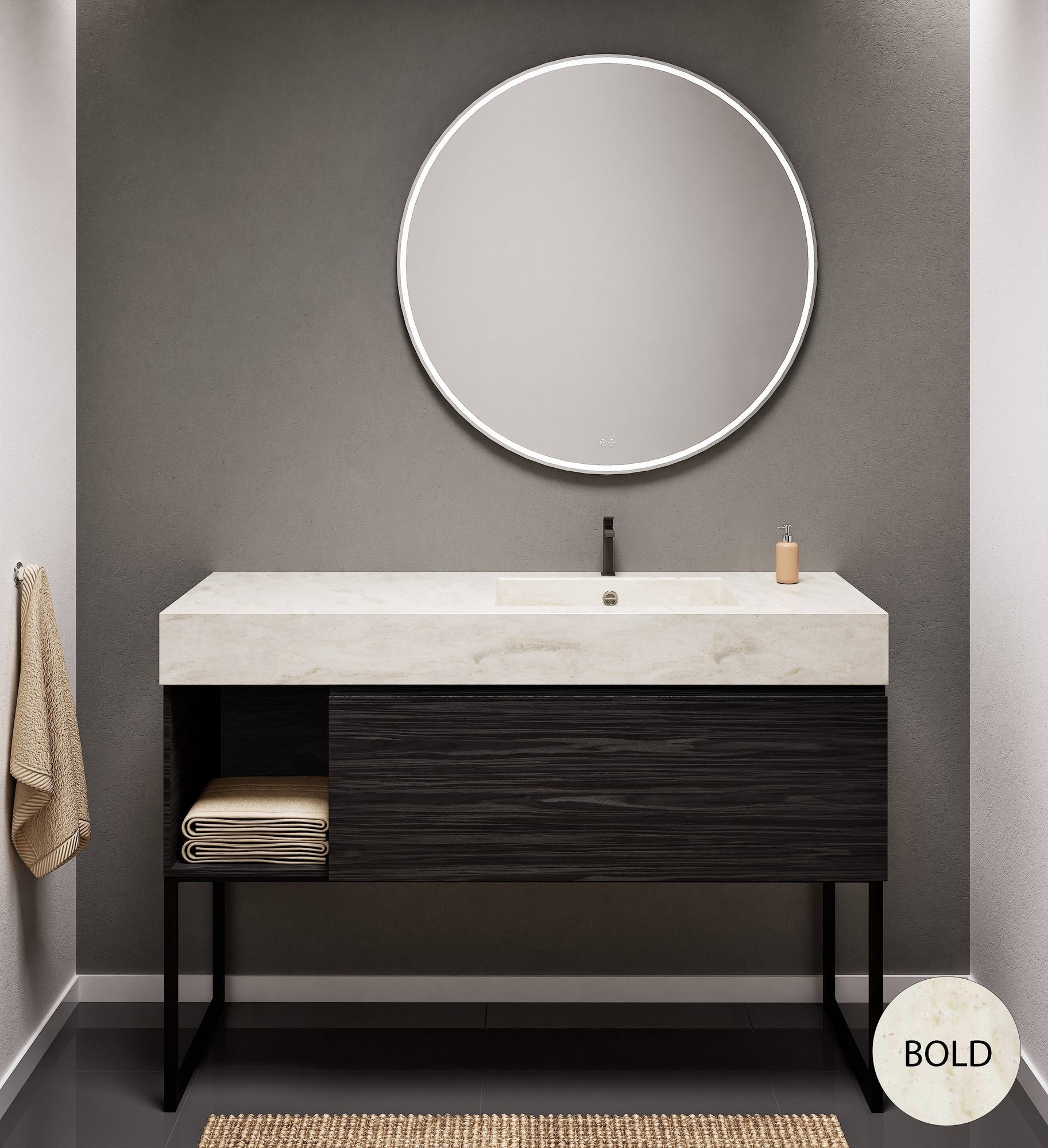 Aurora Single Set with Supporting Legs – Corian Basi & Countertop with 1 Drawer Vanity & Side Shelf - ROVALUX