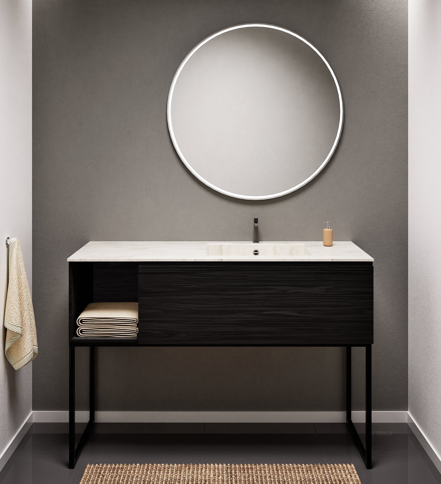 Aurora Single Set with Supporting Legs – Corian Basi & Countertop with 1 Drawer Vanity & Side Shelf - ROVALUX