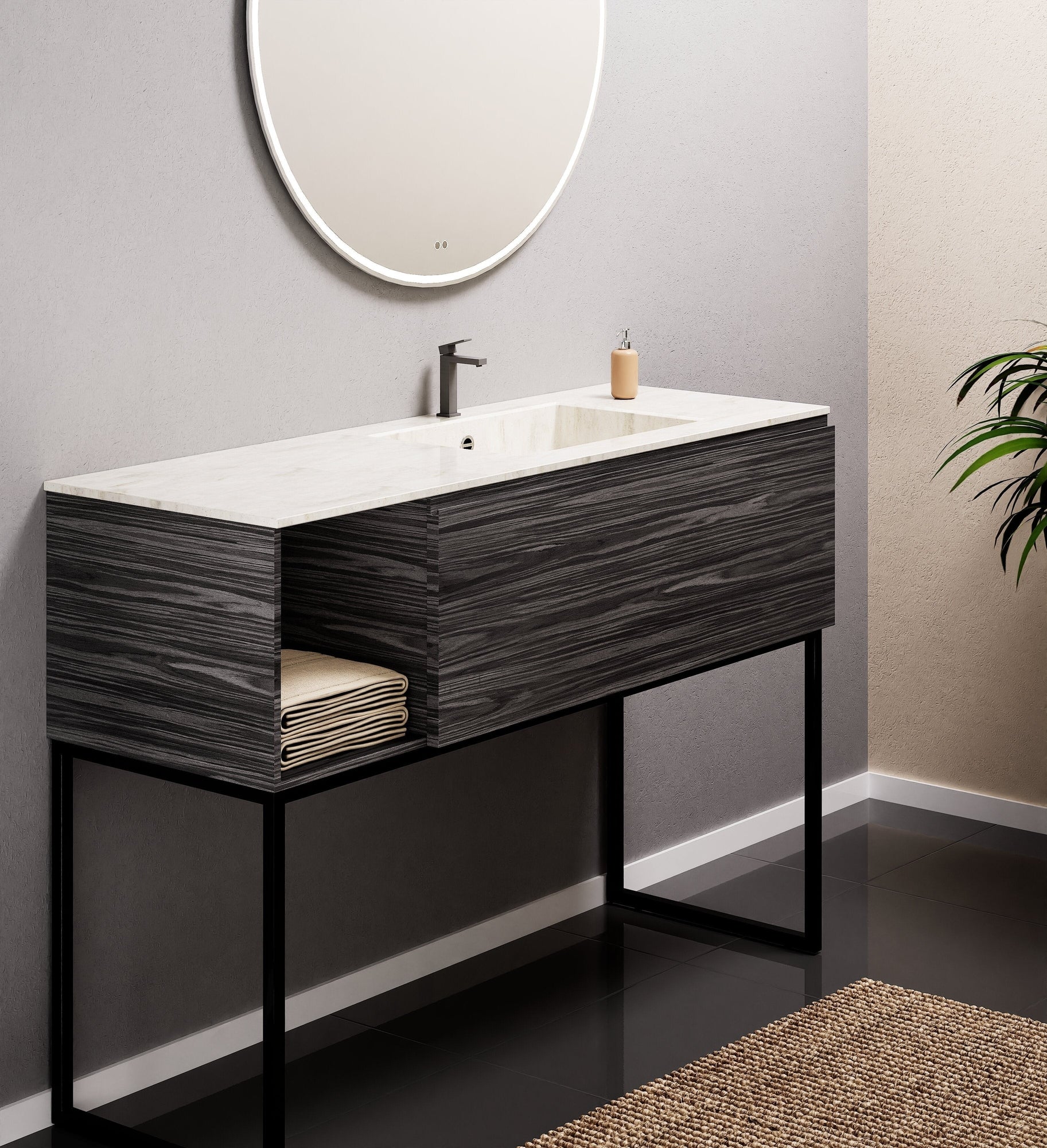Aurora Single Set with Supporting Legs – Corian Basi & Countertop with 1 Drawer Vanity & Side Shelf - ROVALUX