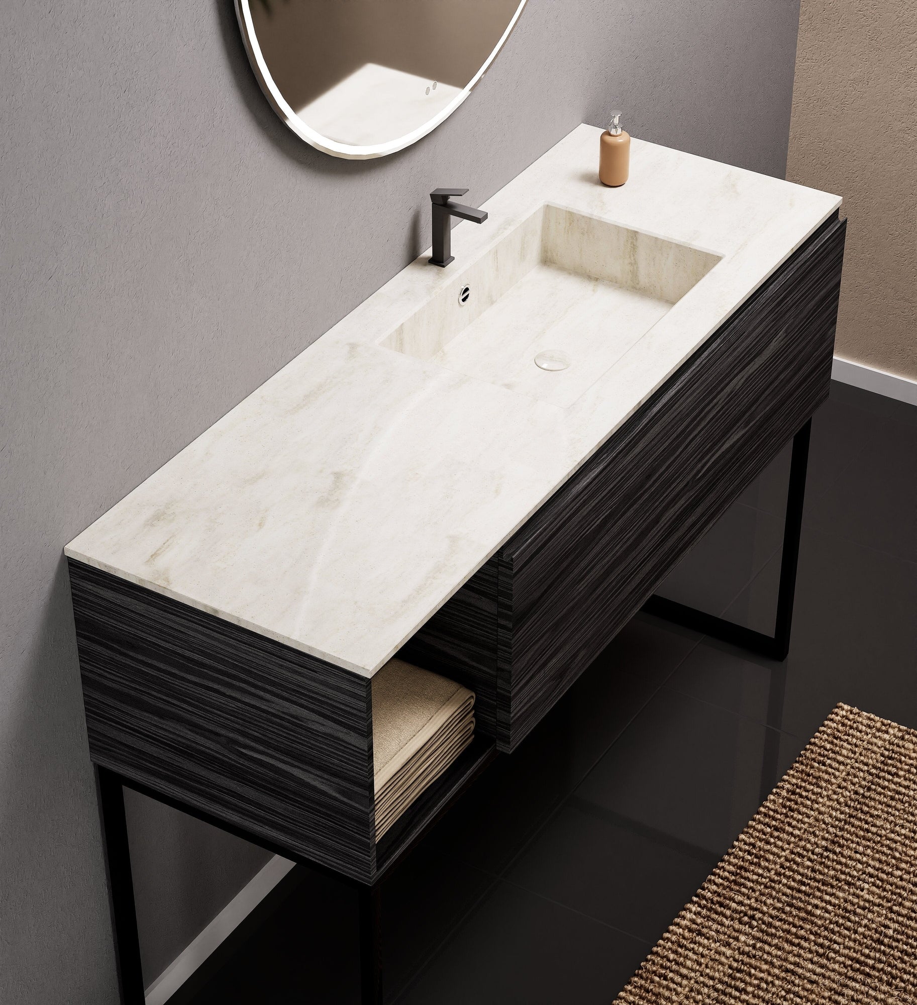 Aurora Single Set with Supporting Legs – Corian Basi & Countertop with 1 Drawer Vanity & Side Shelf - ROVALUX