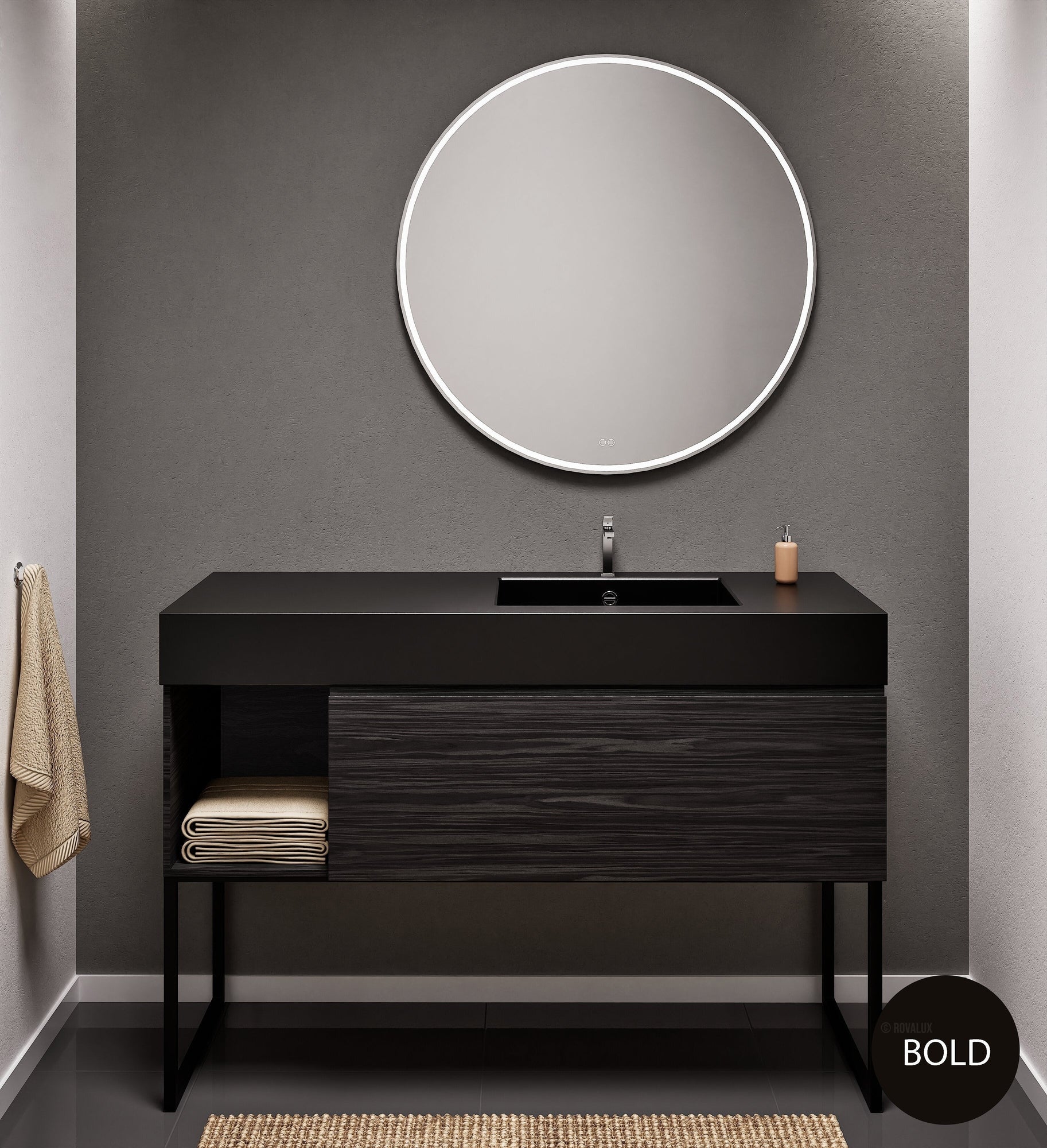 Aurora Single Set with Supporting Legs – Corian Basi & Countertop with 1 Drawer Vanity & Side Shelf - ROVALUX