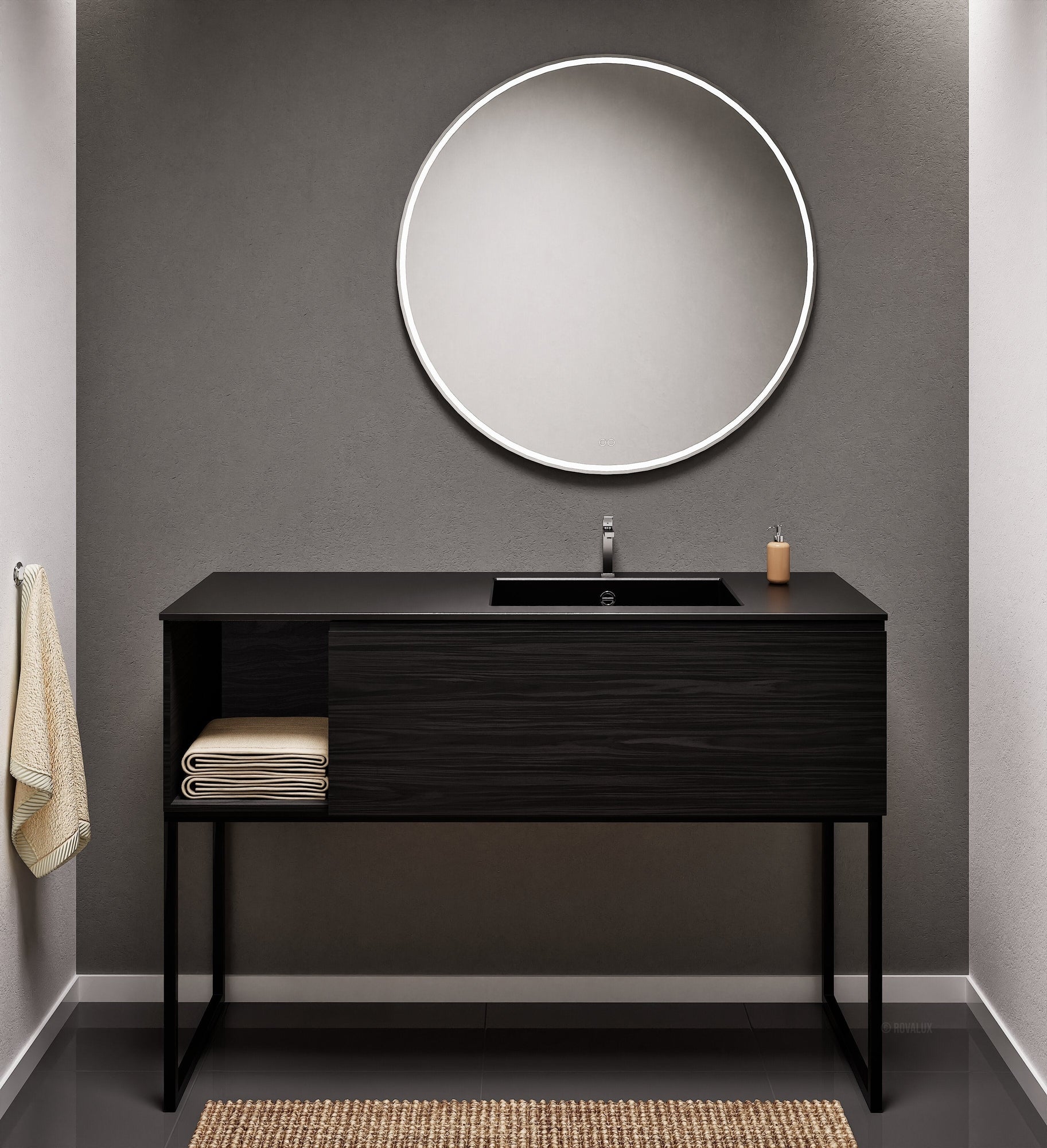 Aurora Single Set with Supporting Legs – Corian Basi & Countertop with 1 Drawer Vanity & Side Shelf - ROVALUX