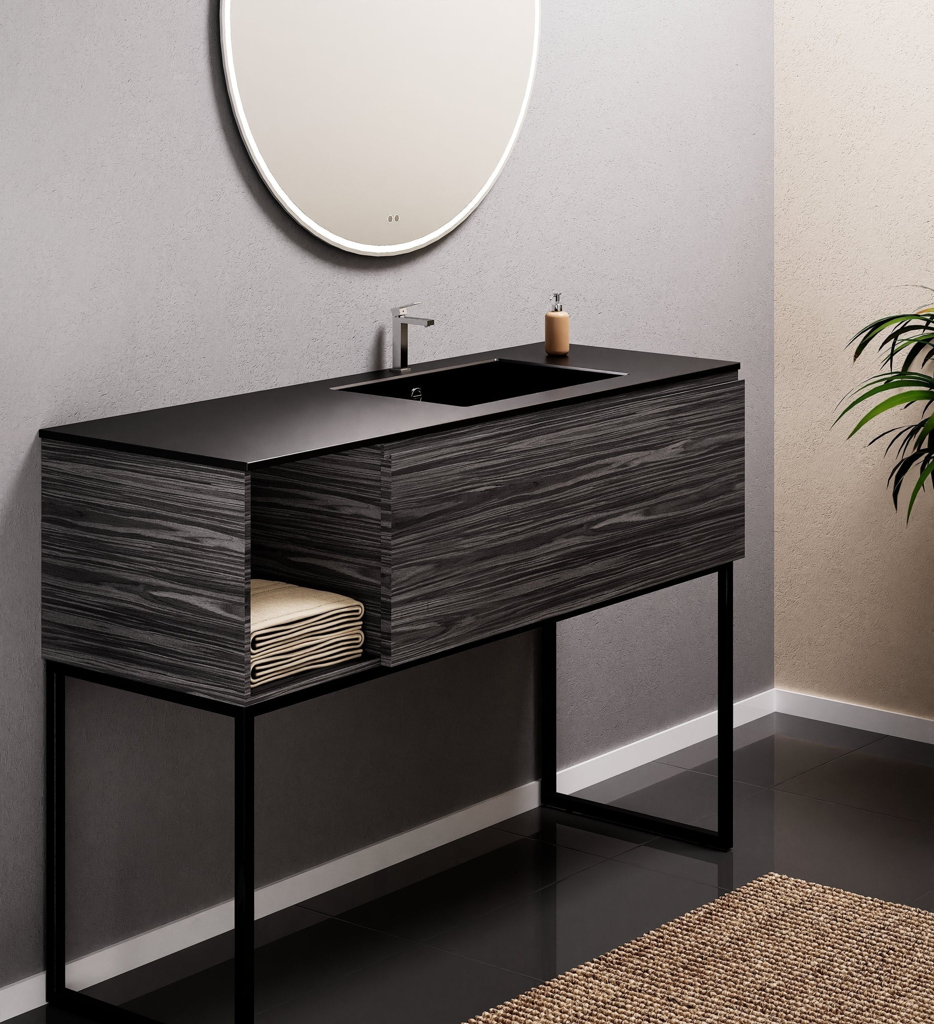 Aurora Single Set with Supporting Legs – Corian Basi & Countertop with 1 Drawer Vanity & Side Shelf - ROVALUX