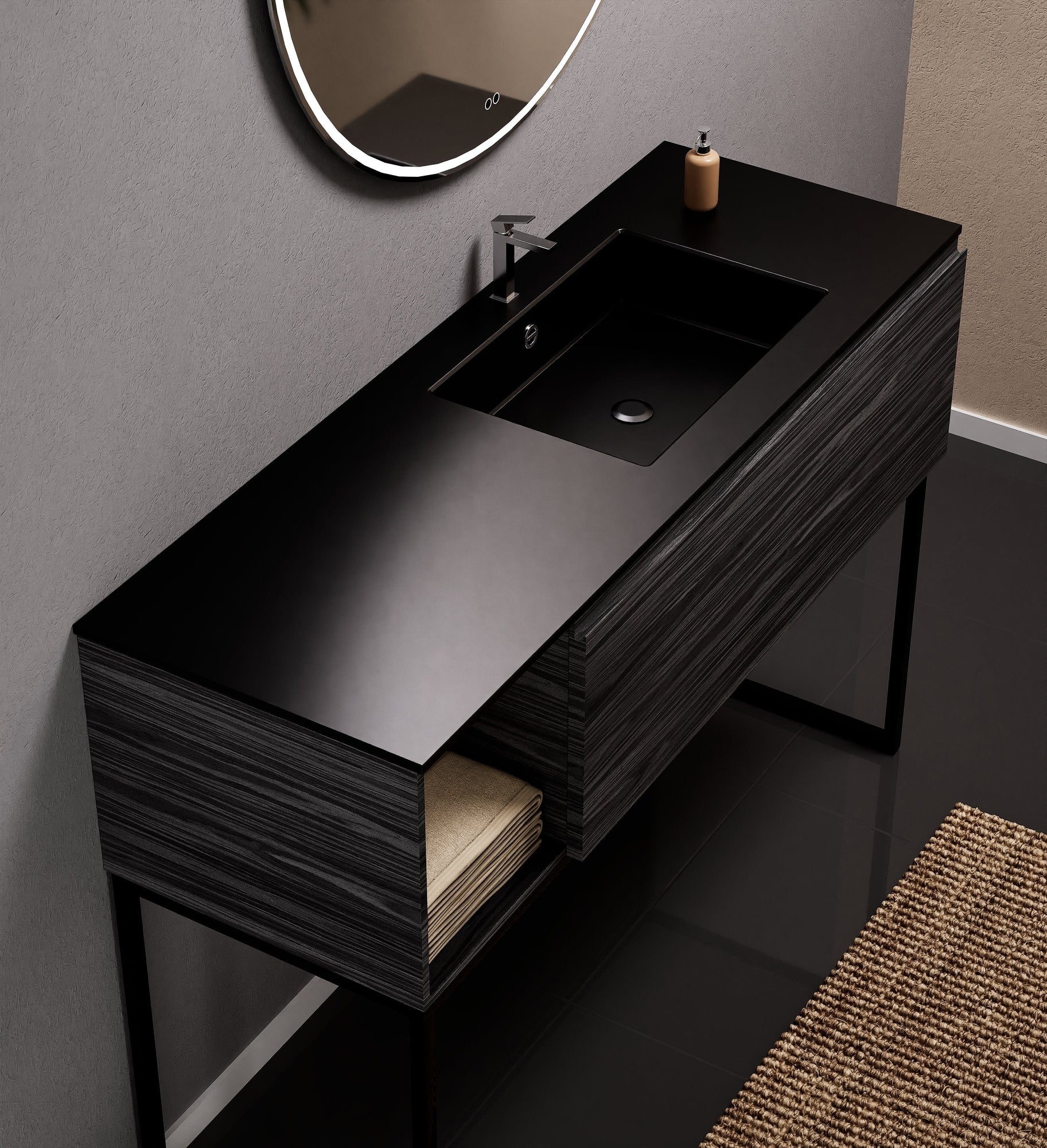 Aurora Single Set with Supporting Legs – Corian Basi & Countertop with 1 Drawer Vanity & Side Shelf - ROVALUX