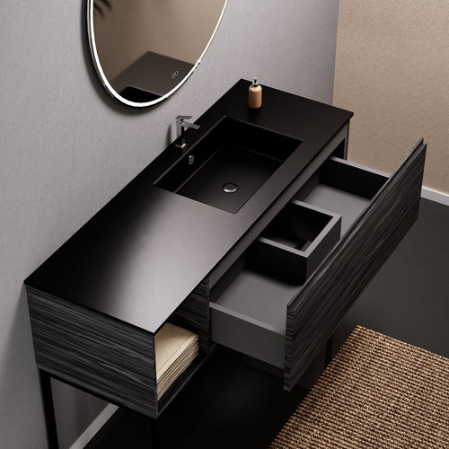 Aurora Single Set with Supporting Legs – Corian Basi & Countertop with 1 Drawer Vanity & Side Shelf - ROVALUX