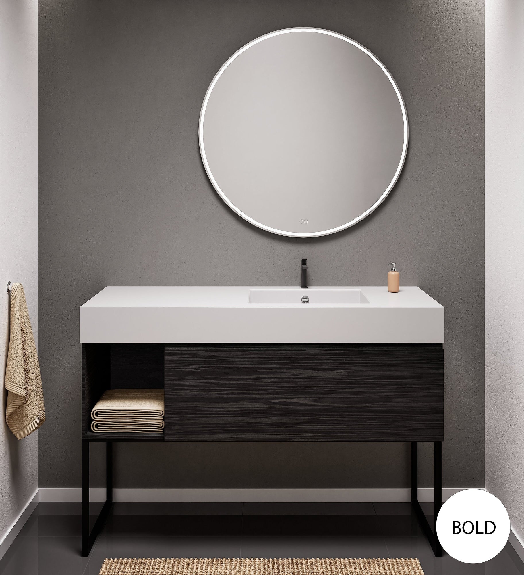 Aurora Single Set with Supporting Legs – Corian Basi & Countertop with 1 Drawer Vanity & Side Shelf - ROVALUX