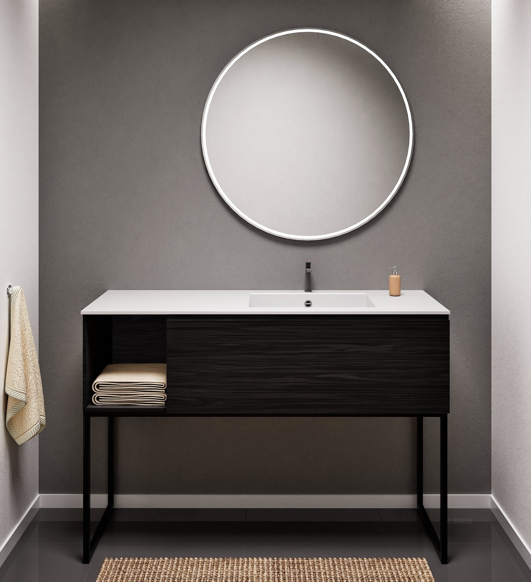 Aurora Single Set with Supporting Legs – Corian Basi & Countertop with 1 Drawer Vanity & Side Shelf - ROVALUX
