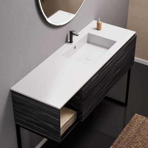 Aurora Single Set with Supporting Legs – Corian Basi & Countertop with 1 Drawer Vanity & Side Shelf - ROVALUX
