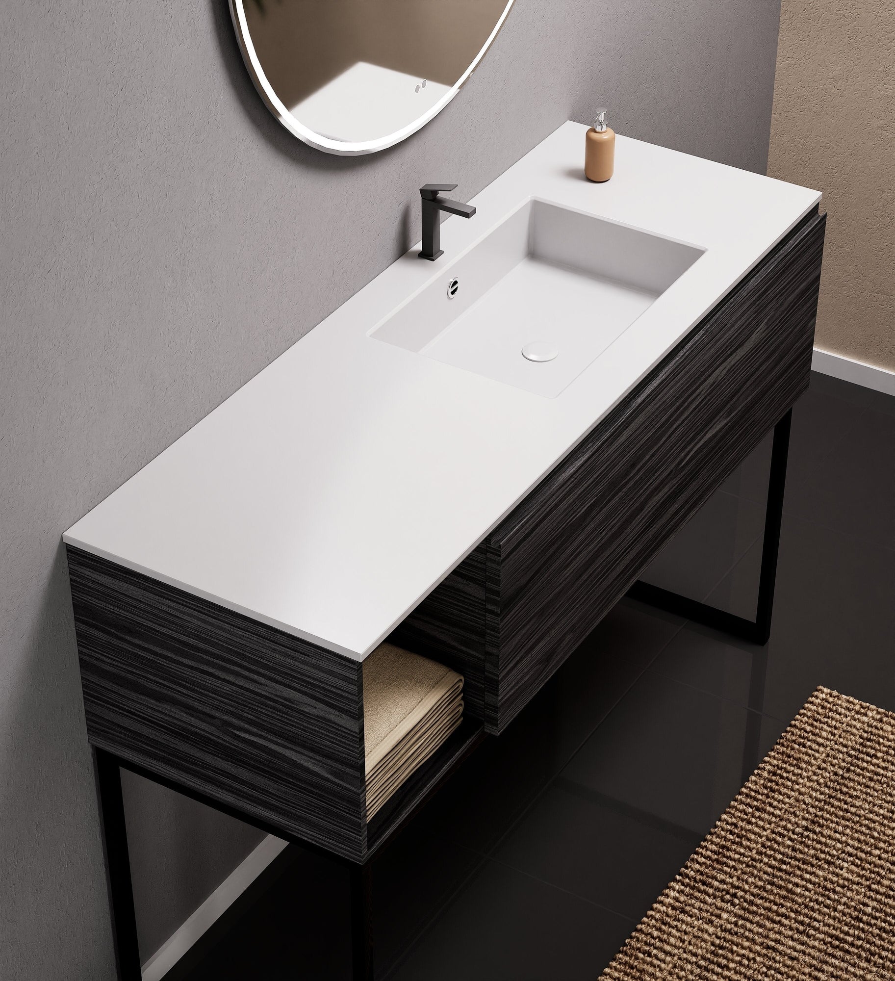 Aurora Single Set with Supporting Legs – Corian Basi & Countertop with 1 Drawer Vanity & Side Shelf - ROVALUX