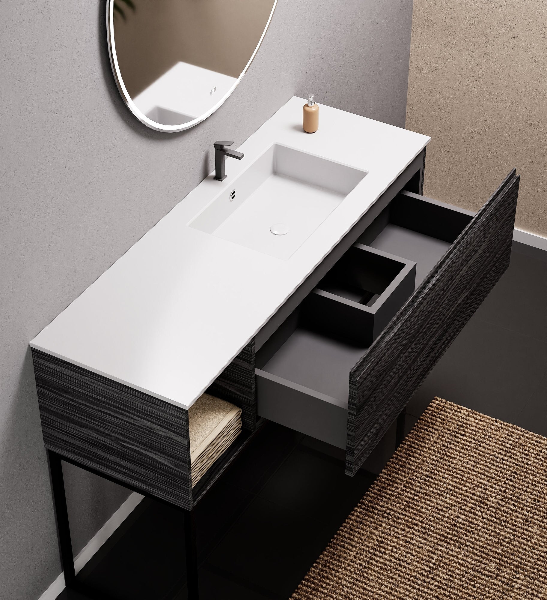 Aurora Single Set with Supporting Legs – Corian Basi & Countertop with 1 Drawer Vanity & Side Shelf - ROVALUX