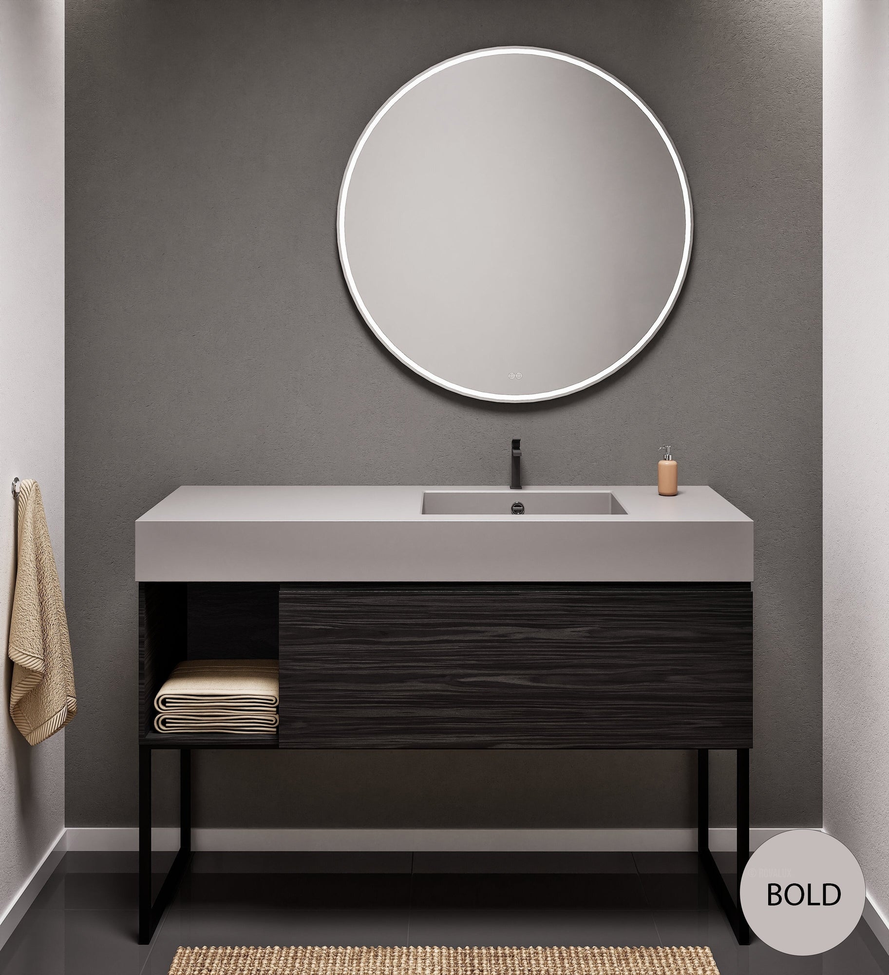 Aurora Single Set with Supporting Legs – Corian Basi & Countertop with 1 Drawer Vanity & Side Shelf - ROVALUX