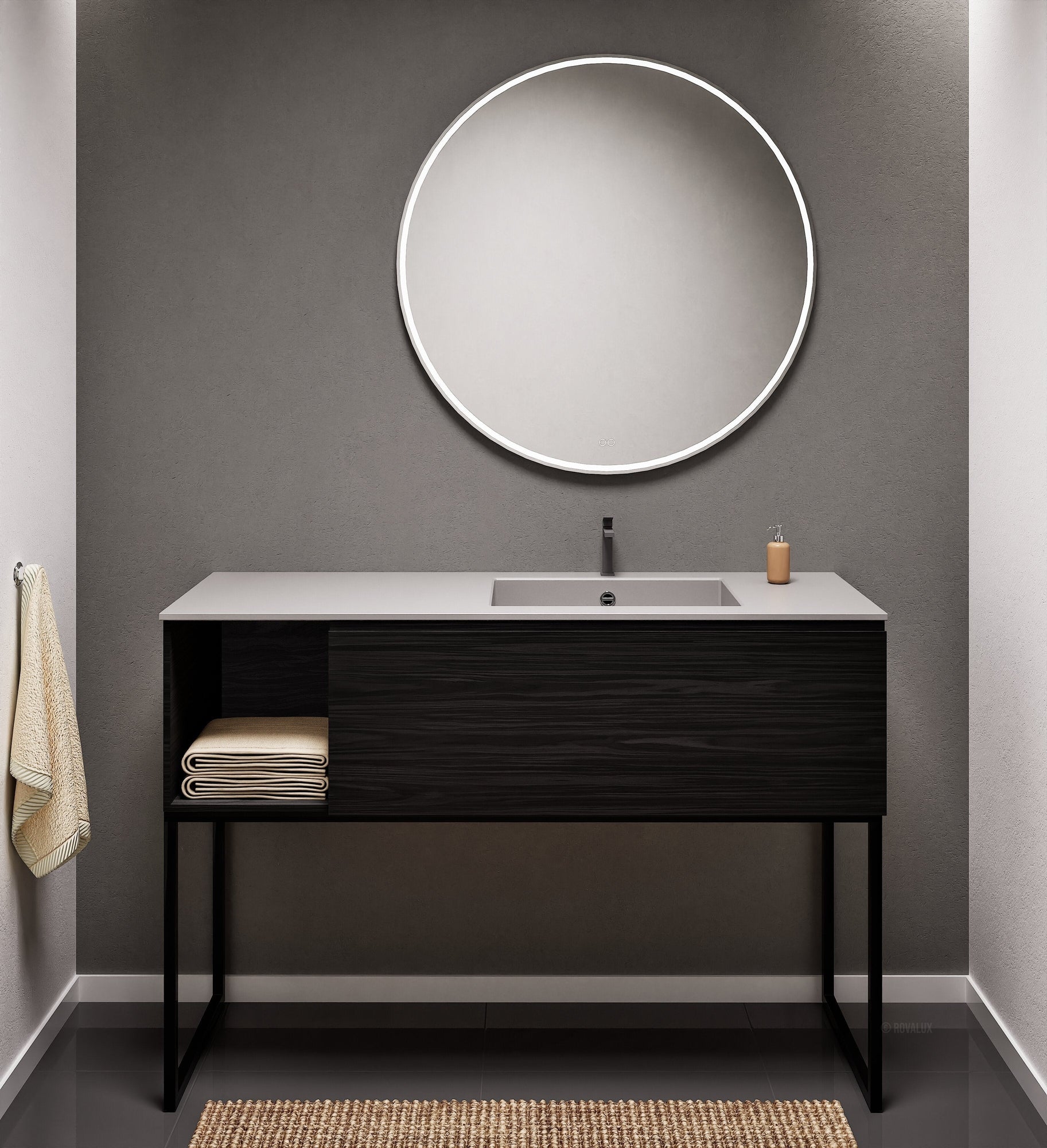 Aurora Single Set with Supporting Legs – Corian Basi & Countertop with 1 Drawer Vanity & Side Shelf - ROVALUX