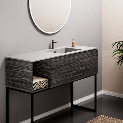 Aurora Single Set with Supporting Legs – Corian Basi & Countertop with 1 Drawer Vanity & Side Shelf - ROVALUX