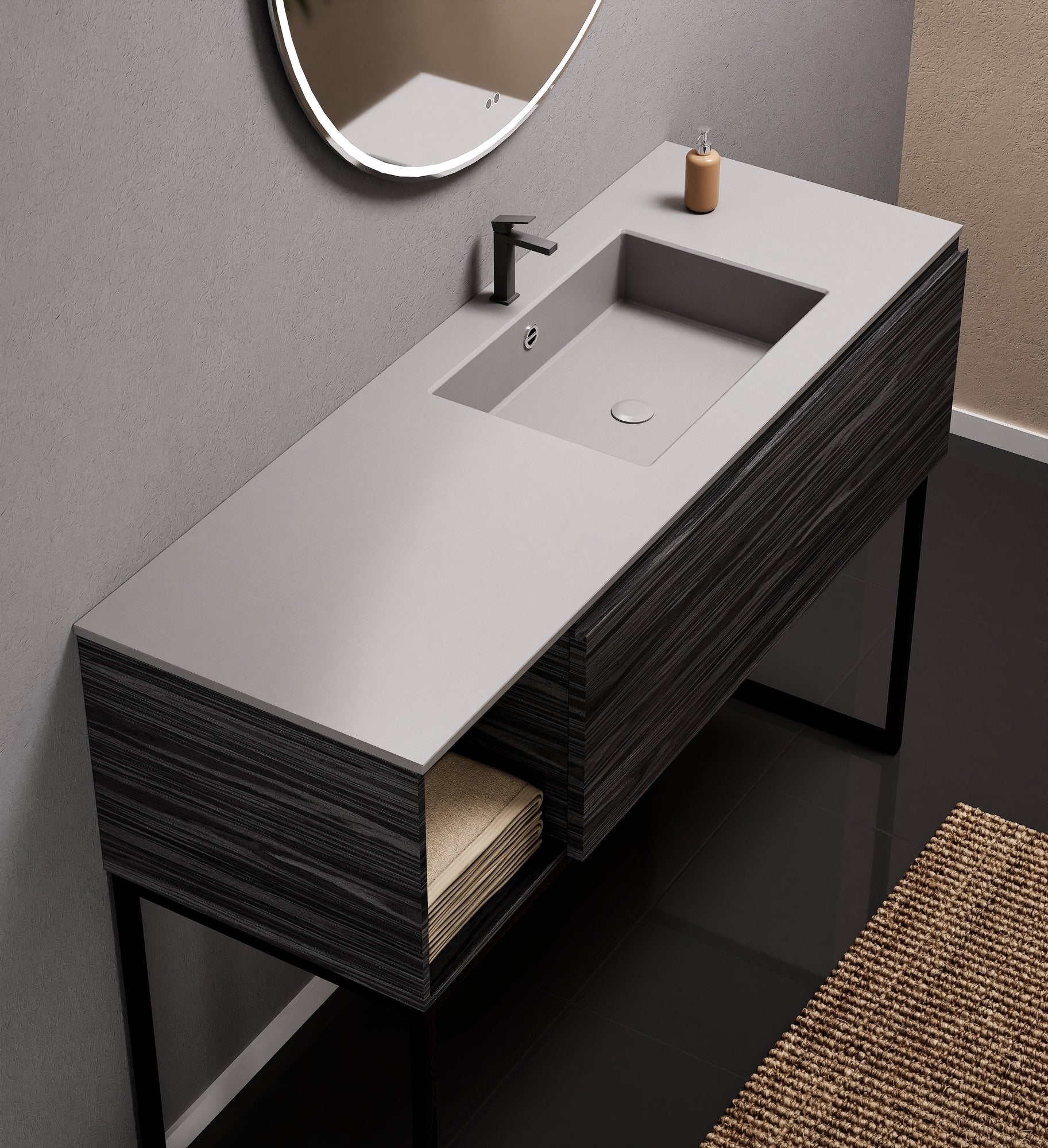 Aurora Single Set with Supporting Legs – Corian Basi & Countertop with 1 Drawer Vanity & Side Shelf - ROVALUX