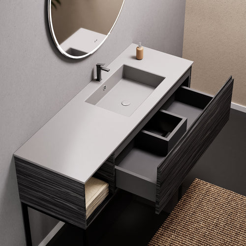 Aurora Single Set with Supporting Legs – Corian Basi & Countertop with 1 Drawer Vanity & Side Shelf - ROVALUX