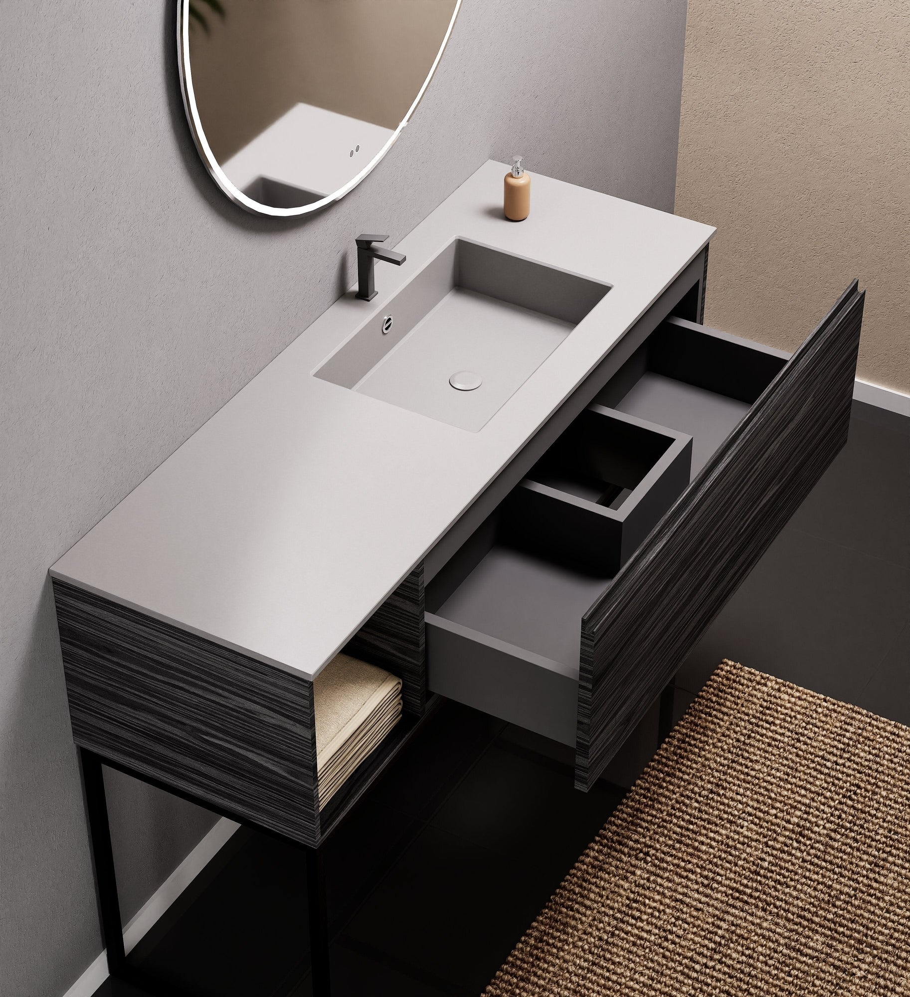 Aurora Single Set with Supporting Legs – Corian Basi & Countertop with 1 Drawer Vanity & Side Shelf - ROVALUX
