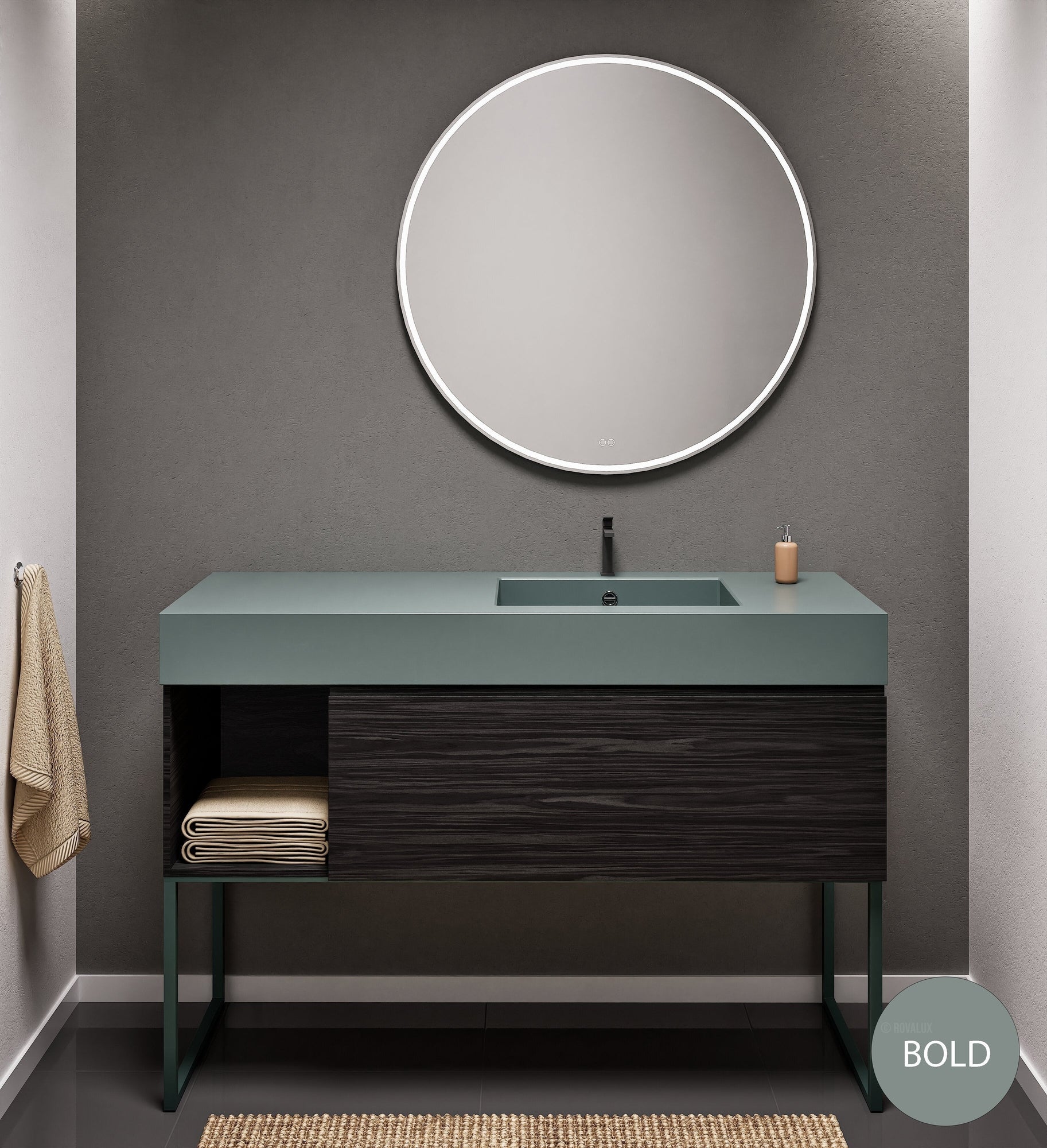 Aurora Single Set with Supporting Legs – Corian Basi & Countertop with 1 Drawer Vanity & Side Shelf - ROVALUX