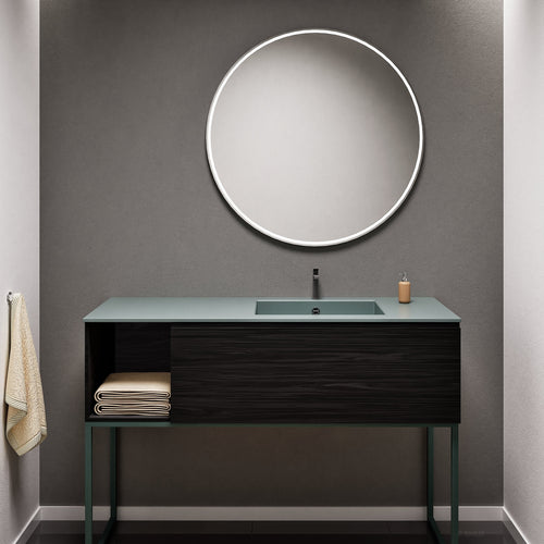 Aurora Single Set with Supporting Legs – Corian Basi & Countertop with 1 Drawer Vanity & Side Shelf - ROVALUX