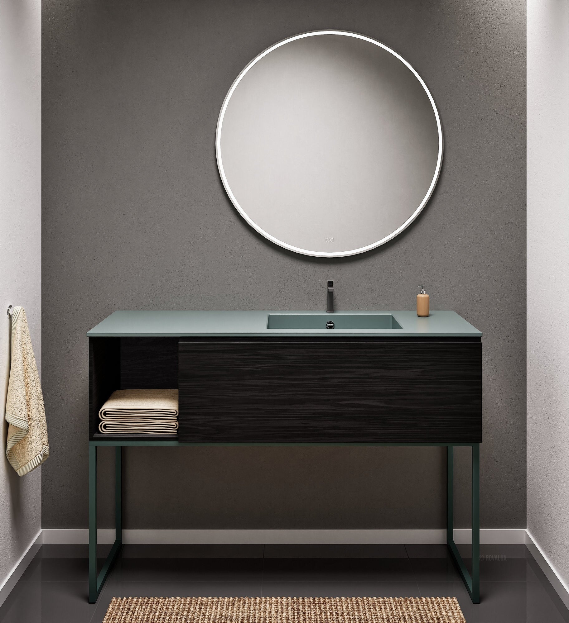 Aurora Single Set with Supporting Legs – Corian Basi & Countertop with 1 Drawer Vanity & Side Shelf - ROVALUX
