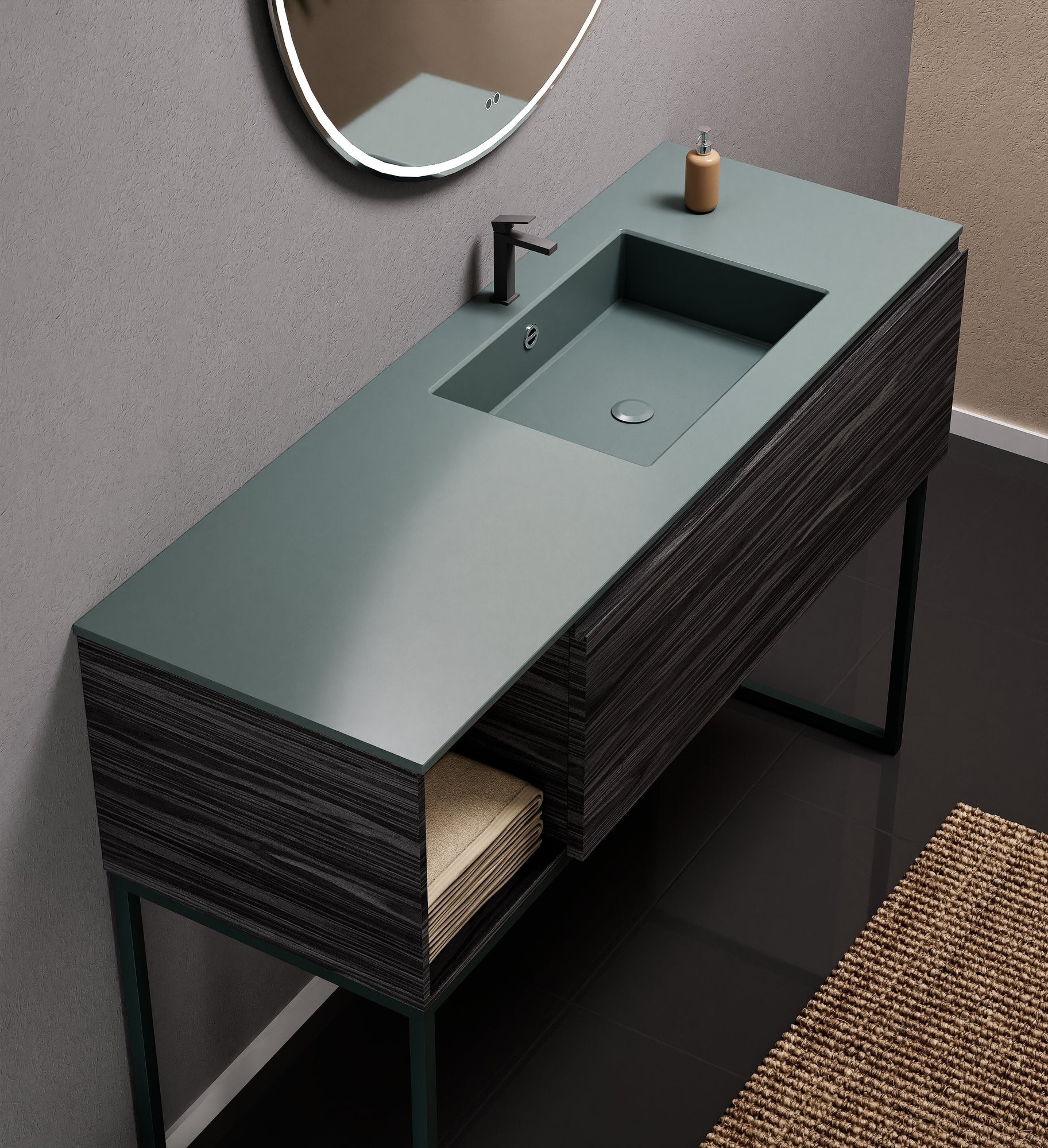 Aurora Single Set with Supporting Legs – Corian Basi & Countertop with 1 Drawer Vanity & Side Shelf - ROVALUX