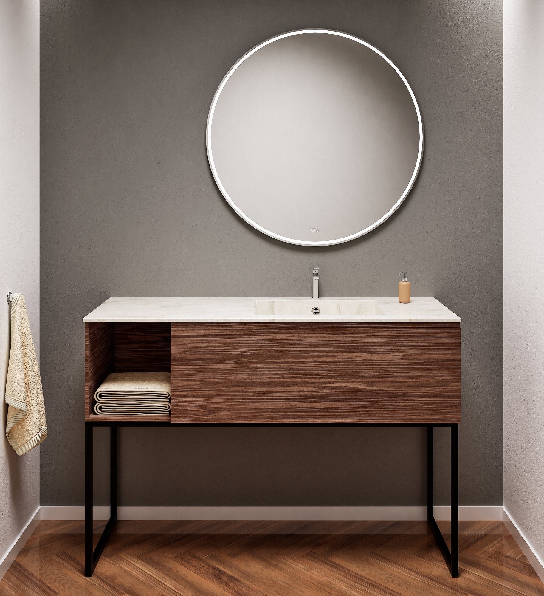 Aurora Single Set with Supporting Legs – Corian Basi & Countertop with 1 Drawer Vanity & Side Shelf - ROVALUX