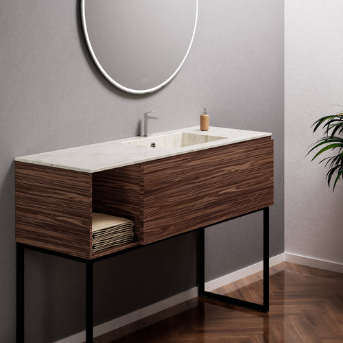 Aurora Single Set with Supporting Legs – Corian Basi & Countertop with 1 Drawer Vanity & Side Shelf - ROVALUX