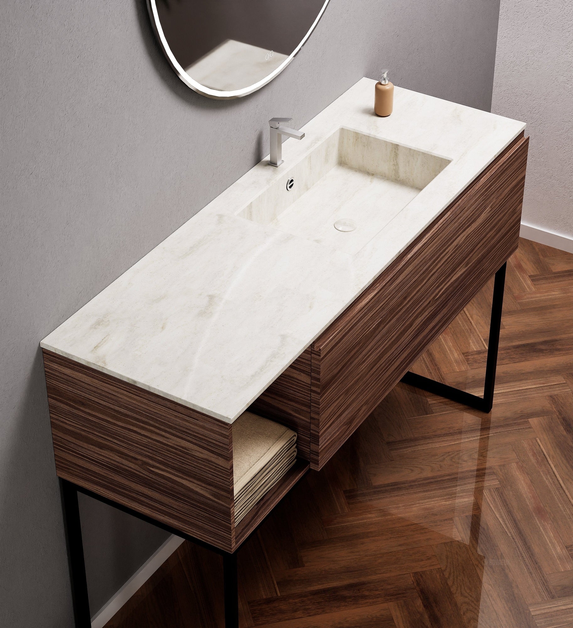 Aurora Single Set with Supporting Legs – Corian Basi & Countertop with 1 Drawer Vanity & Side Shelf - ROVALUX