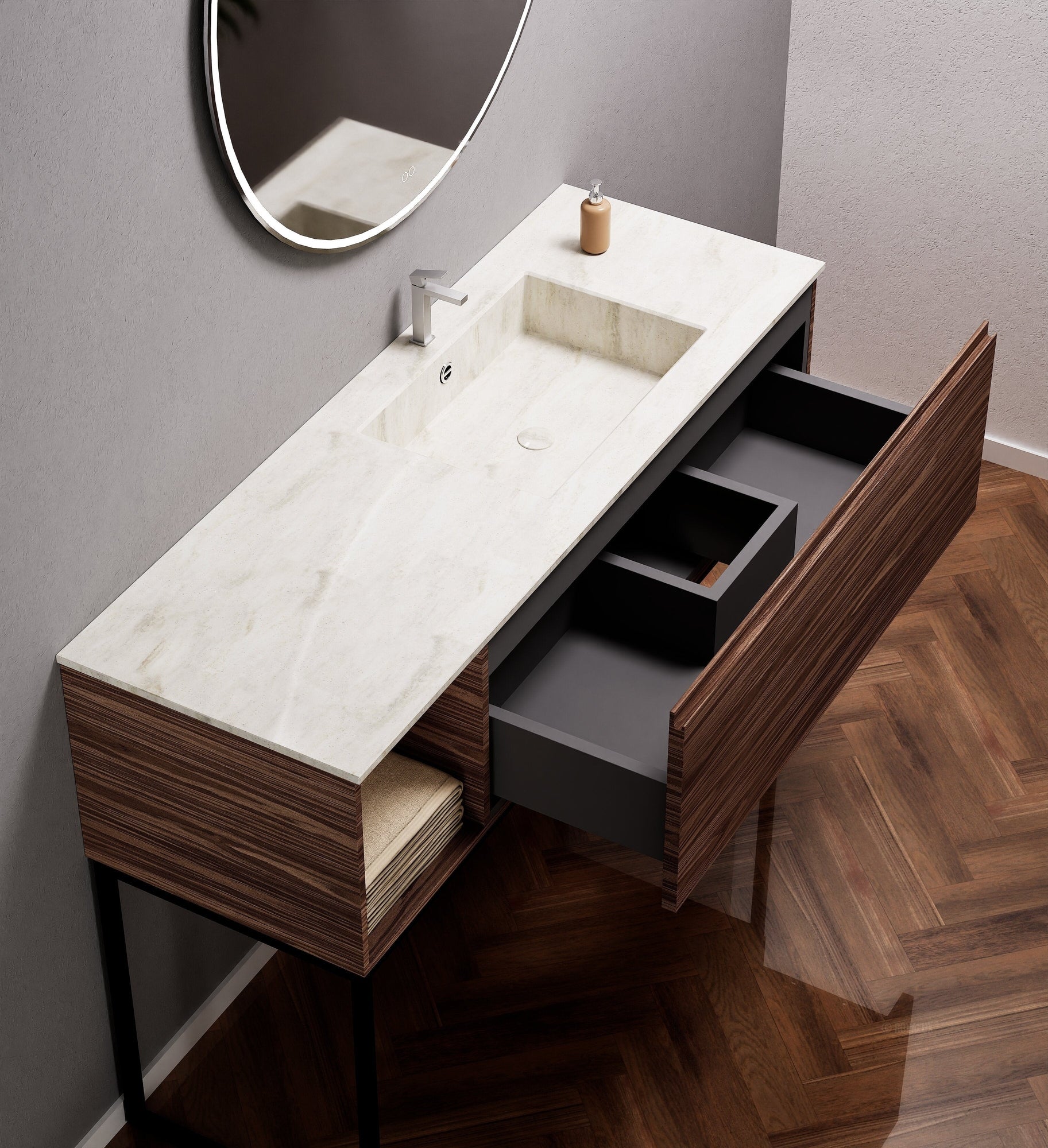 Aurora Single Set with Supporting Legs – Corian Basi & Countertop with 1 Drawer Vanity & Side Shelf - ROVALUX