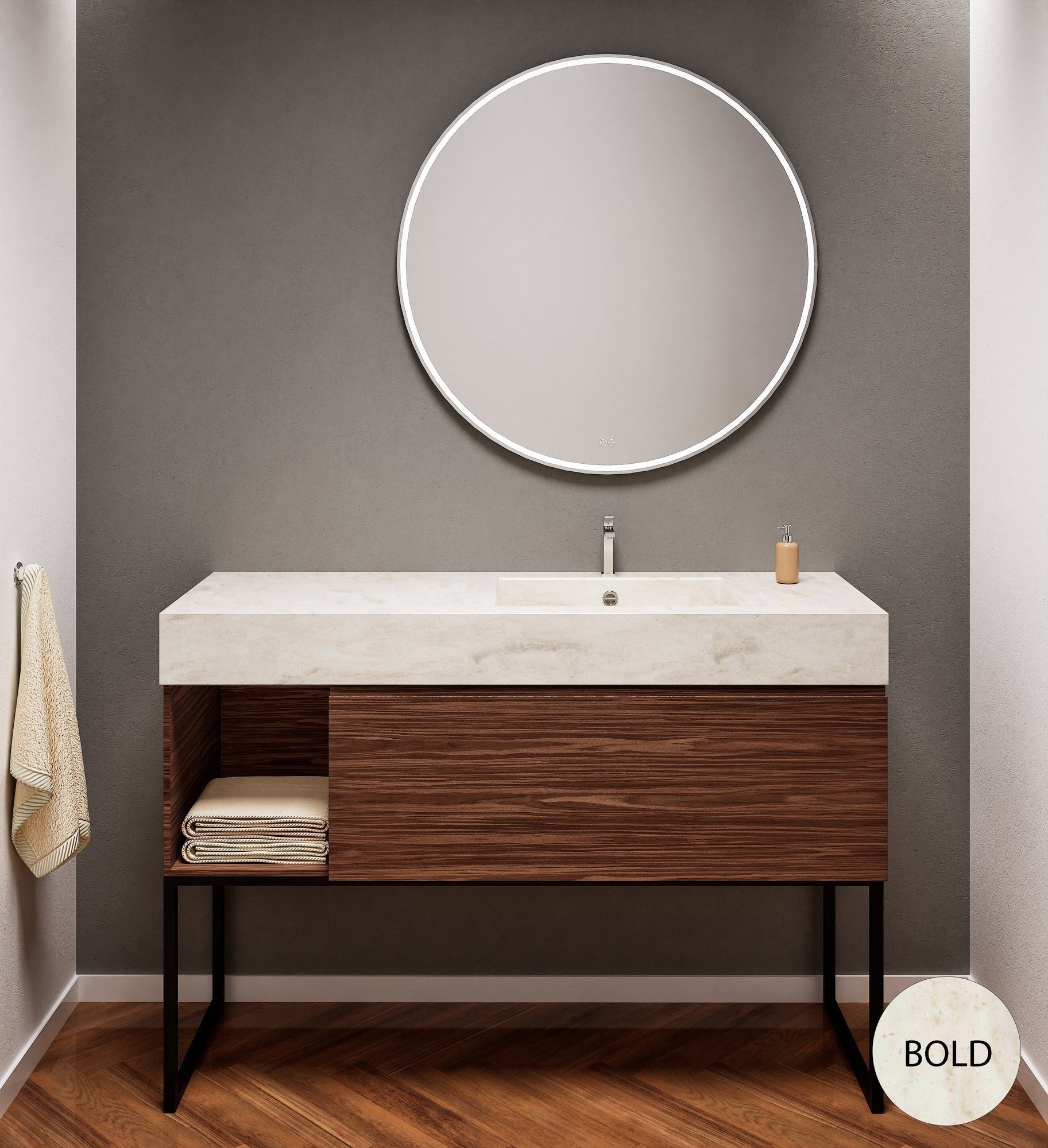 Aurora Single Set with Supporting Legs – Corian Basi & Countertop with 1 Drawer Vanity & Side Shelf - ROVALUX