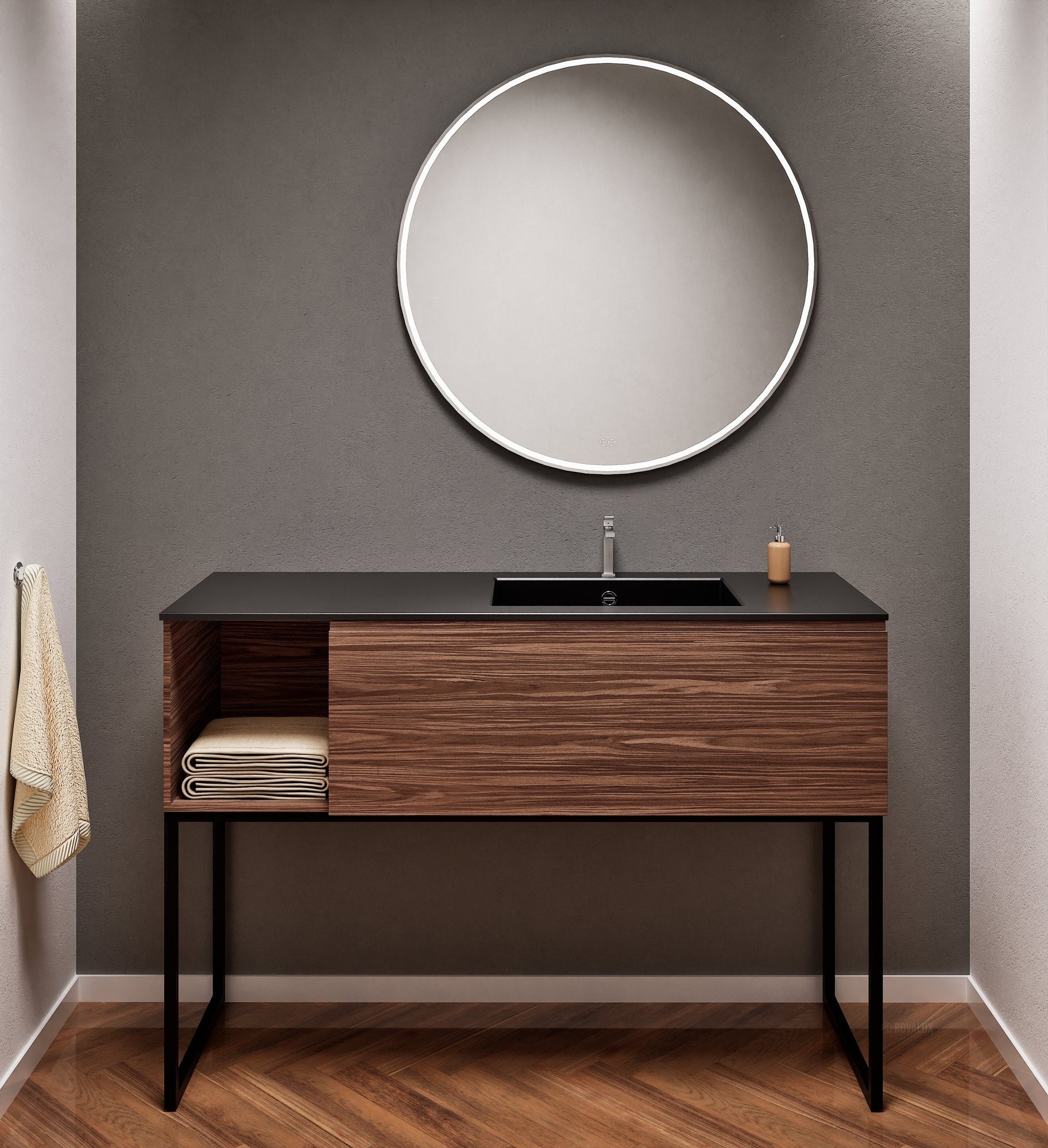 Aurora Single Set with Supporting Legs – Corian Basi & Countertop with 1 Drawer Vanity & Side Shelf - ROVALUX