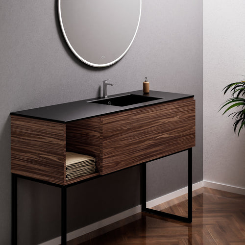 Aurora Single Set with Supporting Legs – Corian Basi & Countertop with 1 Drawer Vanity & Side Shelf - ROVALUX