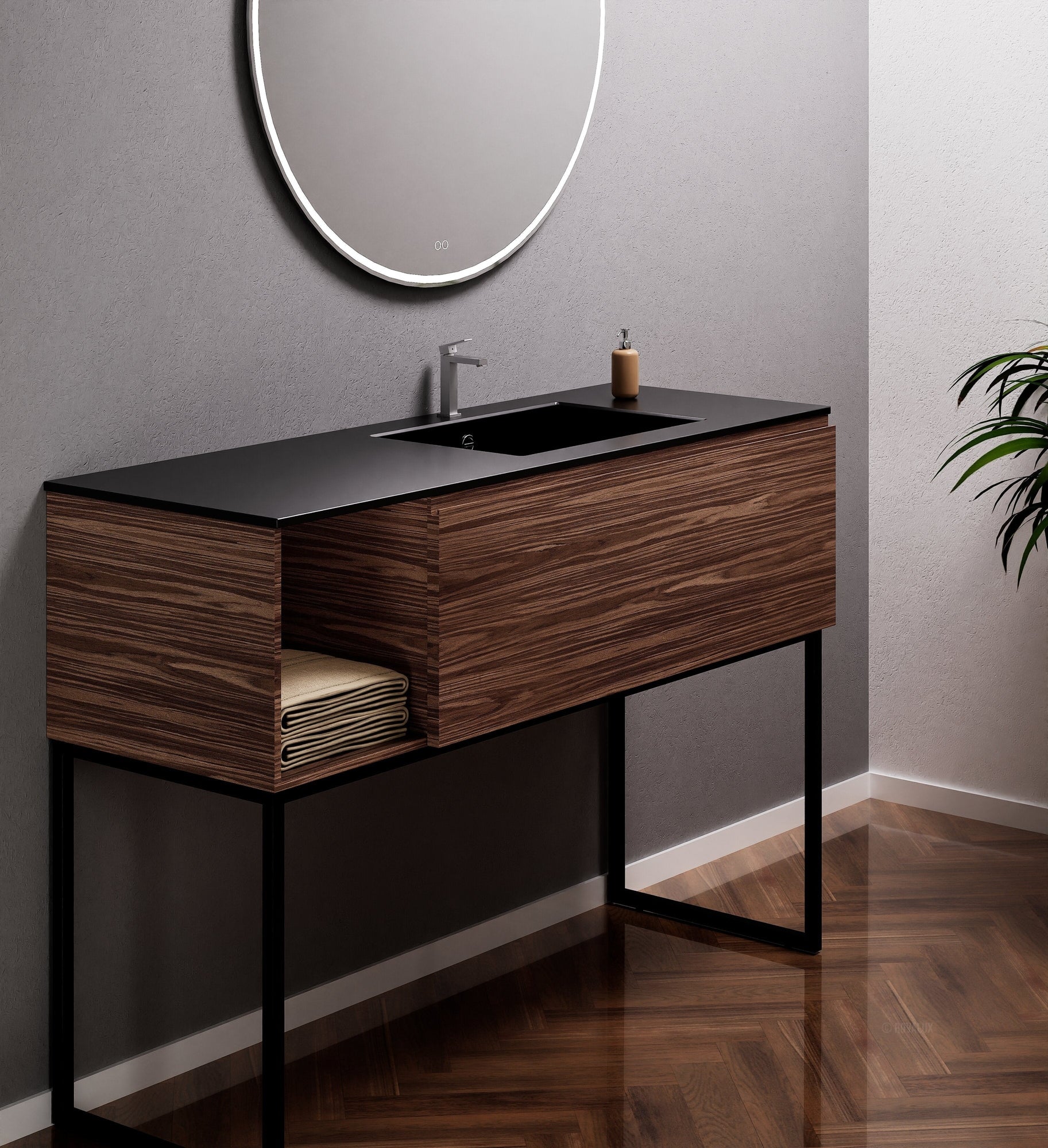 Aurora Single Set with Supporting Legs – Corian Basi & Countertop with 1 Drawer Vanity & Side Shelf - ROVALUX