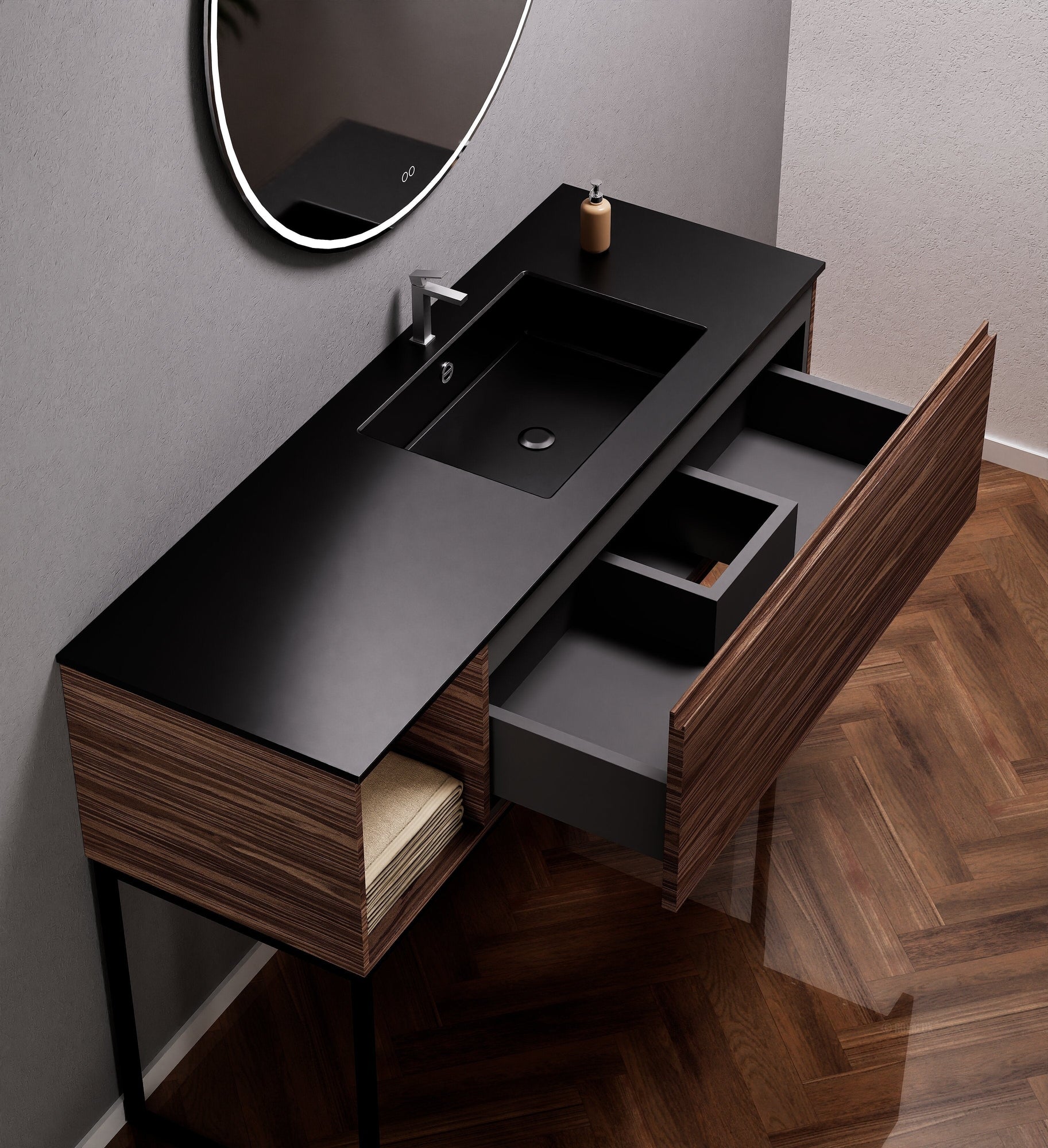 Aurora Single Set with Supporting Legs – Corian Basi & Countertop with 1 Drawer Vanity & Side Shelf - ROVALUX