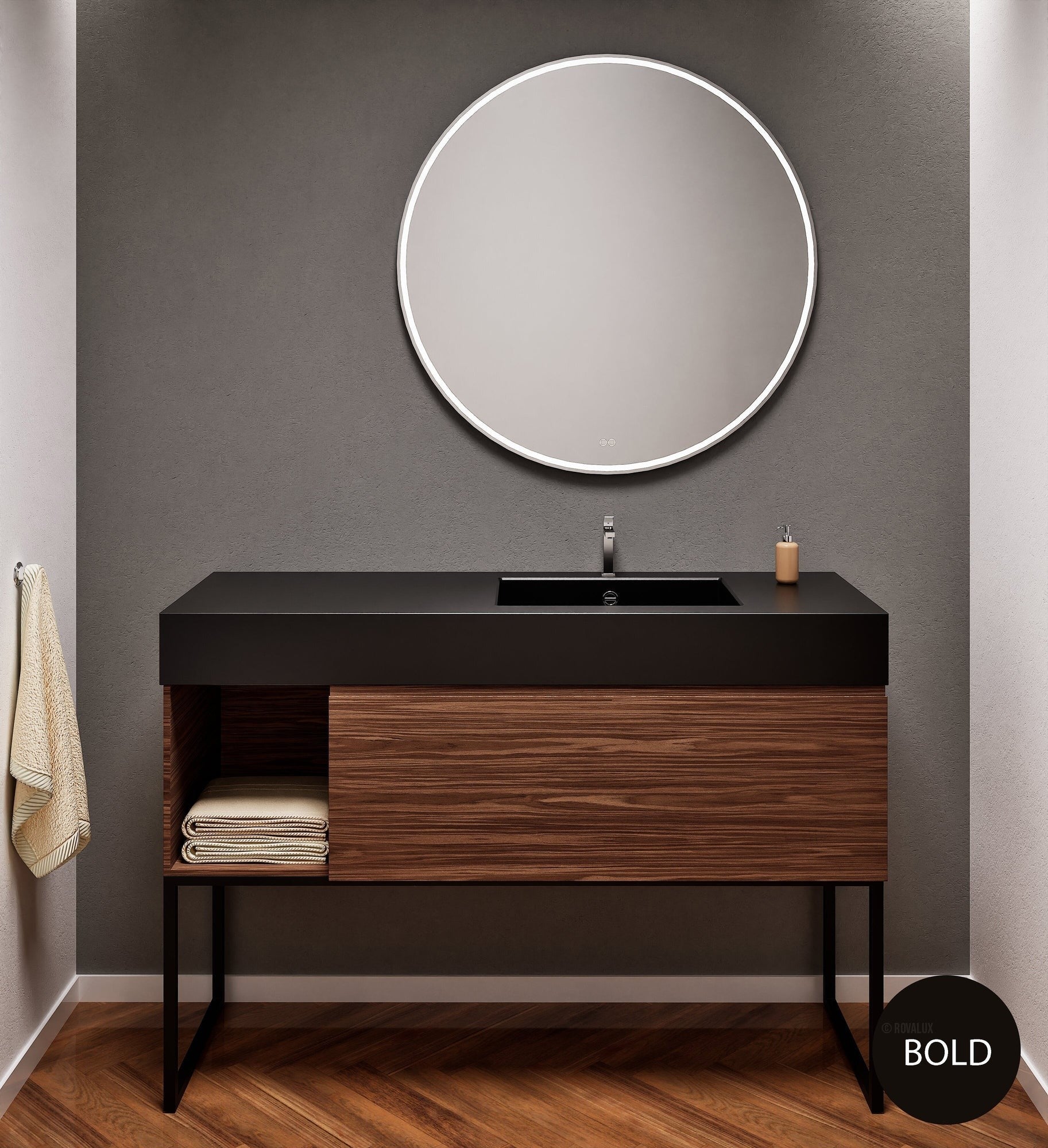 Aurora Single Set with Supporting Legs – Corian Basi & Countertop with 1 Drawer Vanity & Side Shelf - ROVALUX