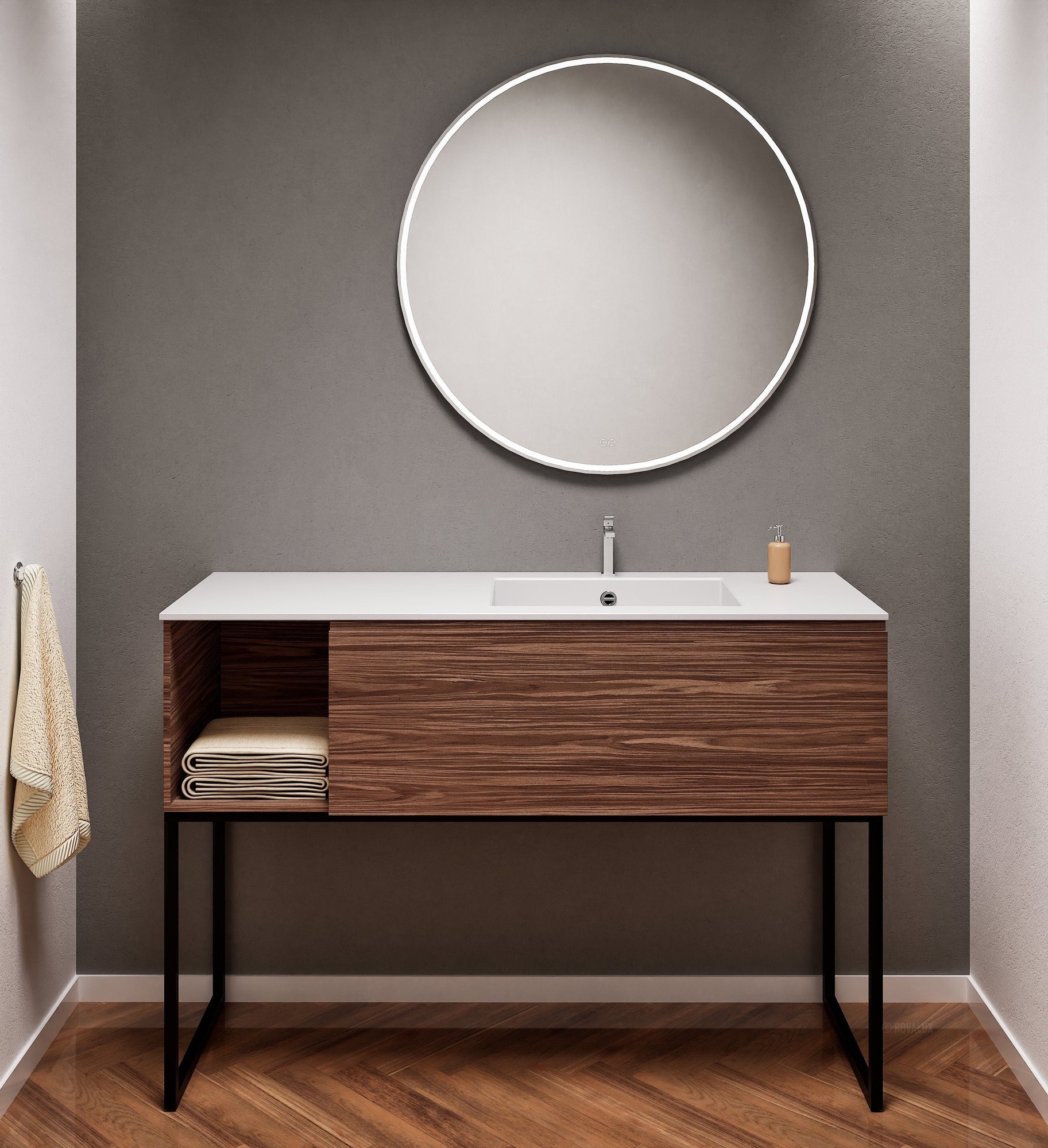 Aurora Single Set with Supporting Legs – Corian Basi & Countertop with 1 Drawer Vanity & Side Shelf - ROVALUX