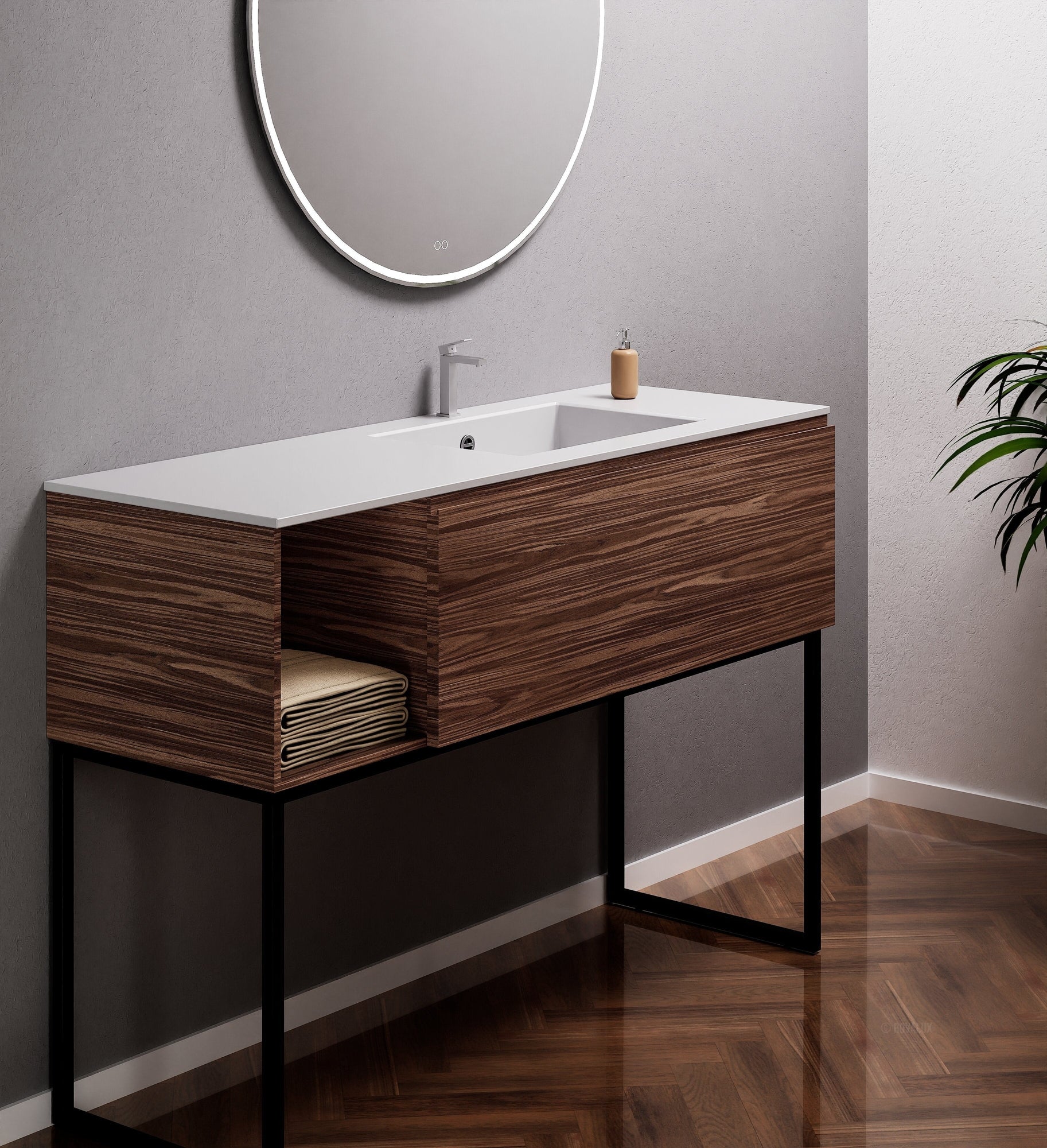 Aurora Single Set with Supporting Legs – Corian Basi & Countertop with 1 Drawer Vanity & Side Shelf - ROVALUX