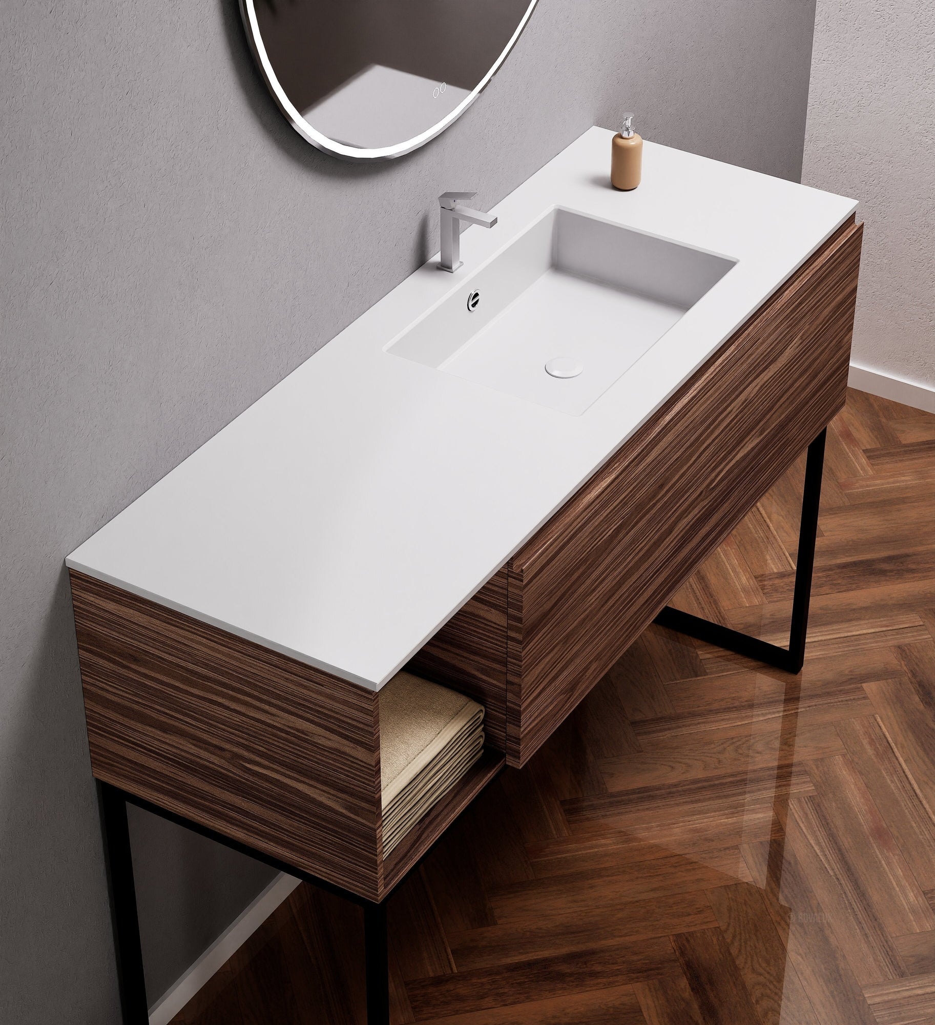 Aurora Single Set with Supporting Legs – Corian Basi & Countertop with 1 Drawer Vanity & Side Shelf - ROVALUX