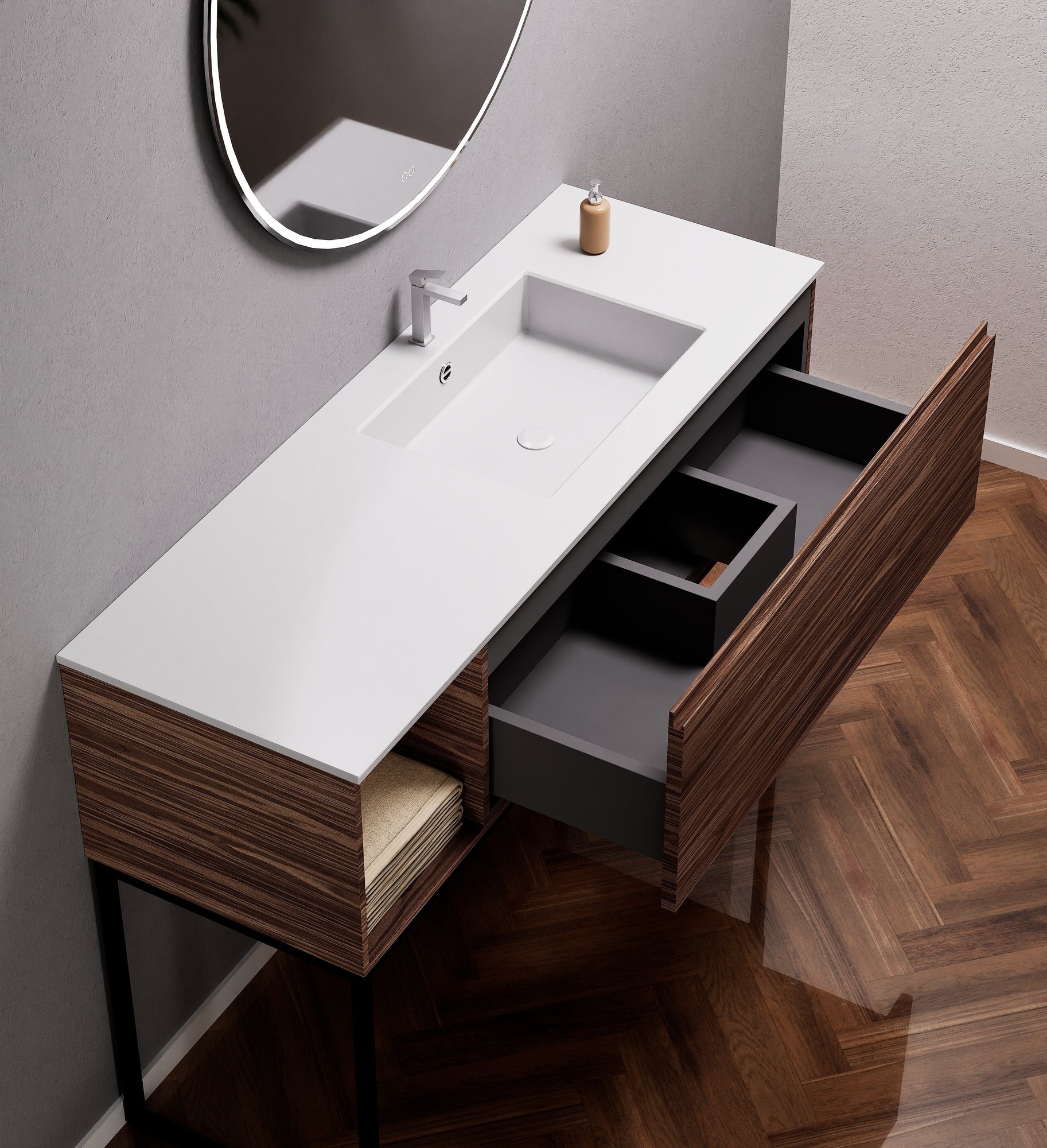 Aurora Single Set with Supporting Legs – Corian Basi & Countertop with 1 Drawer Vanity & Side Shelf - ROVALUX