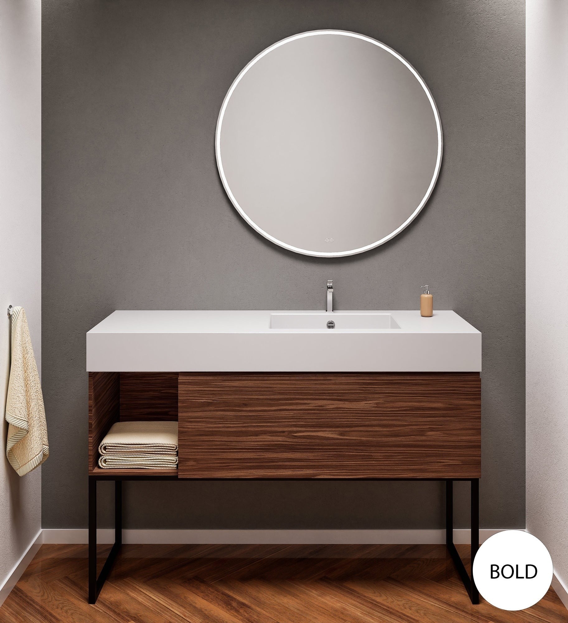 Aurora Single Set with Supporting Legs – Corian Basi & Countertop with 1 Drawer Vanity & Side Shelf - ROVALUX