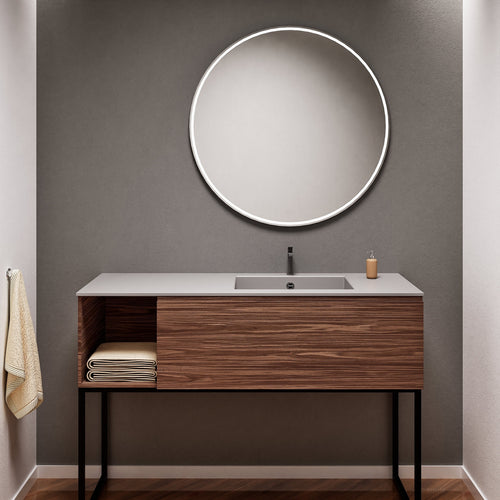 Aurora Single Set with Supporting Legs – Corian Basi & Countertop with 1 Drawer Vanity & Side Shelf - ROVALUX