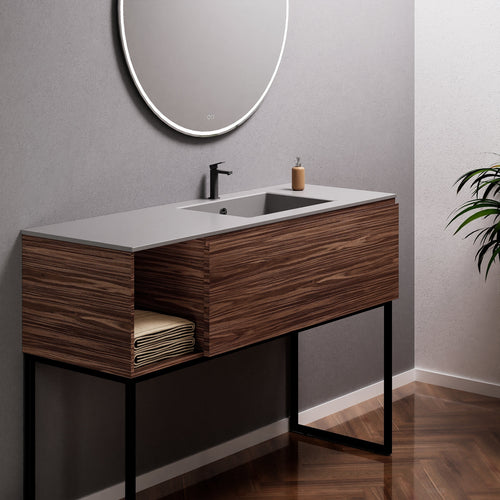 Aurora Single Set with Supporting Legs – Corian Basi & Countertop with 1 Drawer Vanity & Side Shelf - ROVALUX
